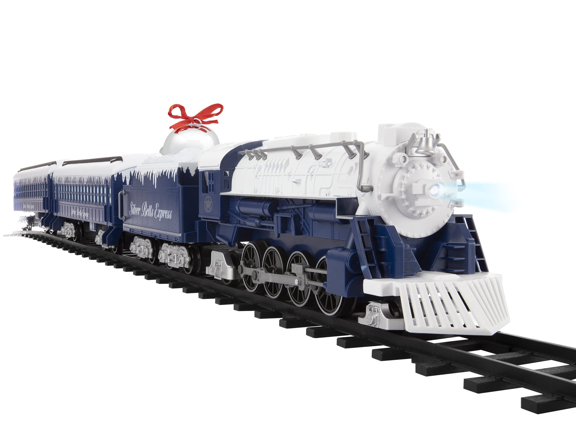 Lionel Battery-Powered Silver Bells Express Electric Train Set with Locomotive, 4 Train Cars, Oval Track & Remote Control - Realistic Train Sounds & LED Lights for Kids Ages 4+ | Christmas Decor, Holiday Display & Children's Educational Toy