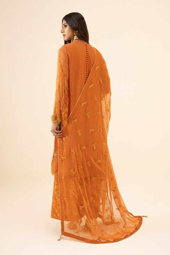 Elegant Crinkle Chiffon Orange 3 Piece Suit for Women - Formal Office Wear & Evening Party Outfit