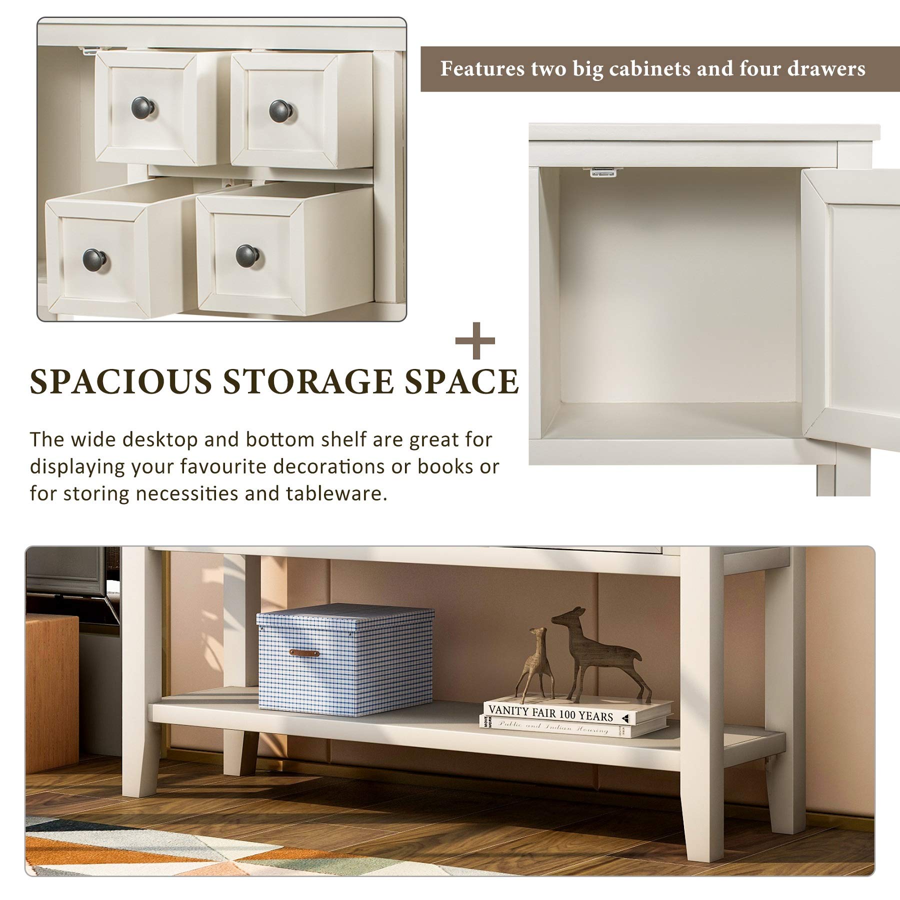 Danxee White Wood Buffet Storage Cabinet Console Table with 4 Drawers & Shelves - Kitchen, Dining Room & Living Room Furniture for Home Organization & Stylish Storage
