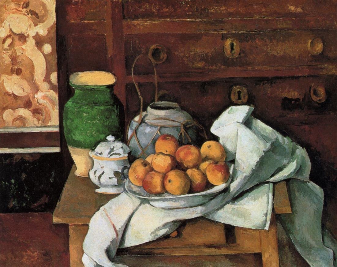 Paul Cezanne 'Vessels, Fruit and Cloth in Front of a Chest' 16x20 Inch Premium Canvas Art Print - Wall Decor for Living Room, Bedroom & Office