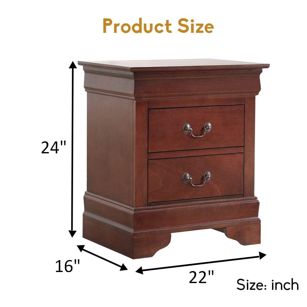Mid Century Modern Solid Wood Nightstand with 2 Drawers - Rustic Cherry Bedside Table for Bedroom & Living Room - Compact Dresser for Small Spaces, Home Decor & Storage Solution