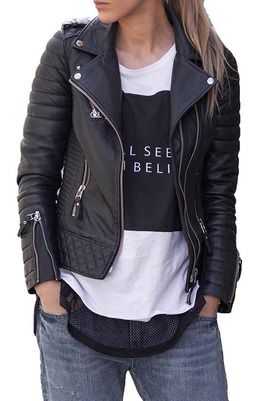 Stylish Genuine Lambskin Women's Leather Jacket - Motorcycle Biker Bomber Jacket Size 34 Black | Perfect for Riding, Night Out & Casual Wear