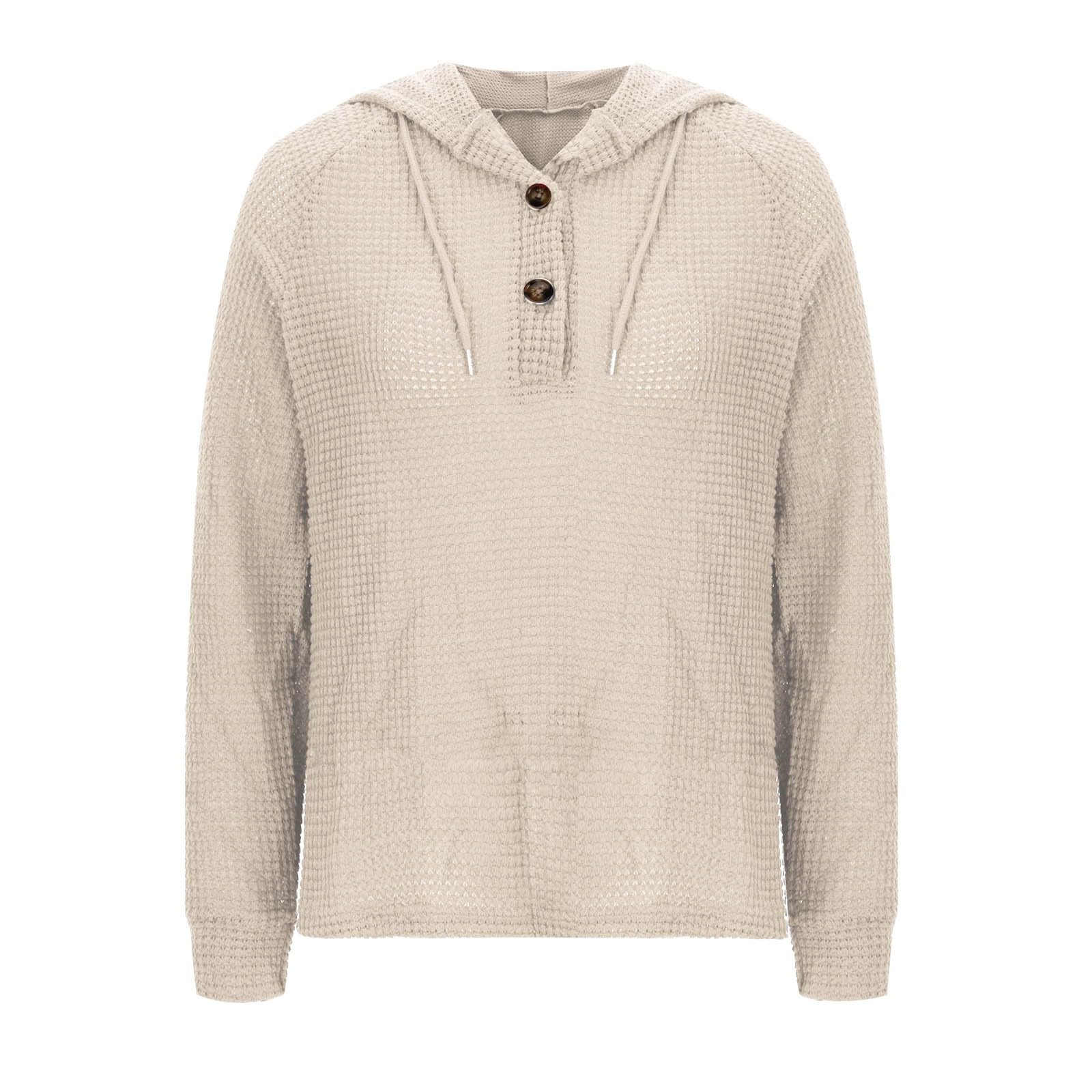 Women's Waffle Knit Hoodie - Long Sleeve Drawstring Button V-Neck Pullover Sweatshirt | Casual Fashion Hooded Top for Fall, Winter & Outdoor Activities