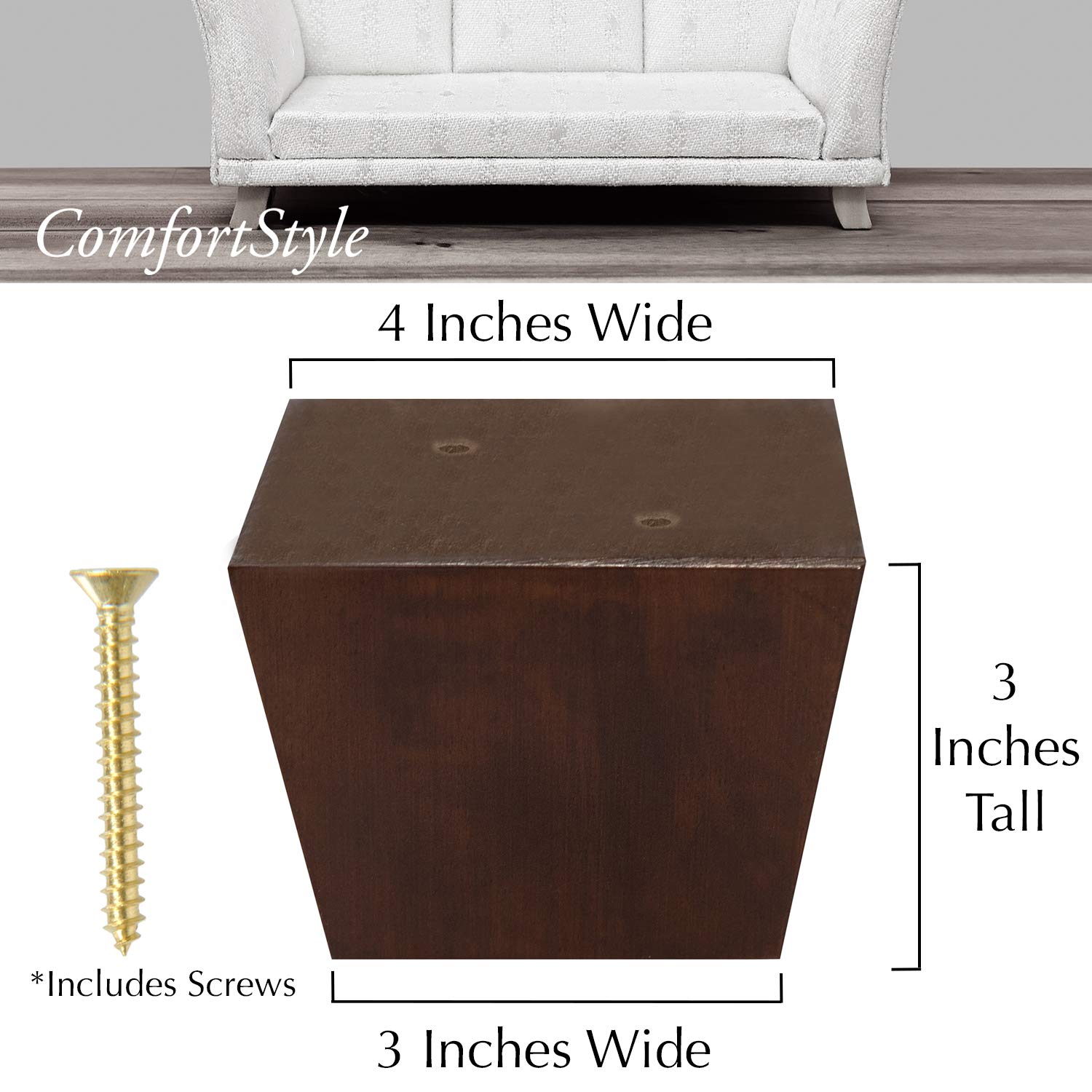 4 Pack 3 Inch Walnut Square Tapered Furniture Legs - Replacement Feet for Sofa, Chair, Couch & Ottoman - Perfect for Home Office, Living Room & Bedroom Furniture Upgrade