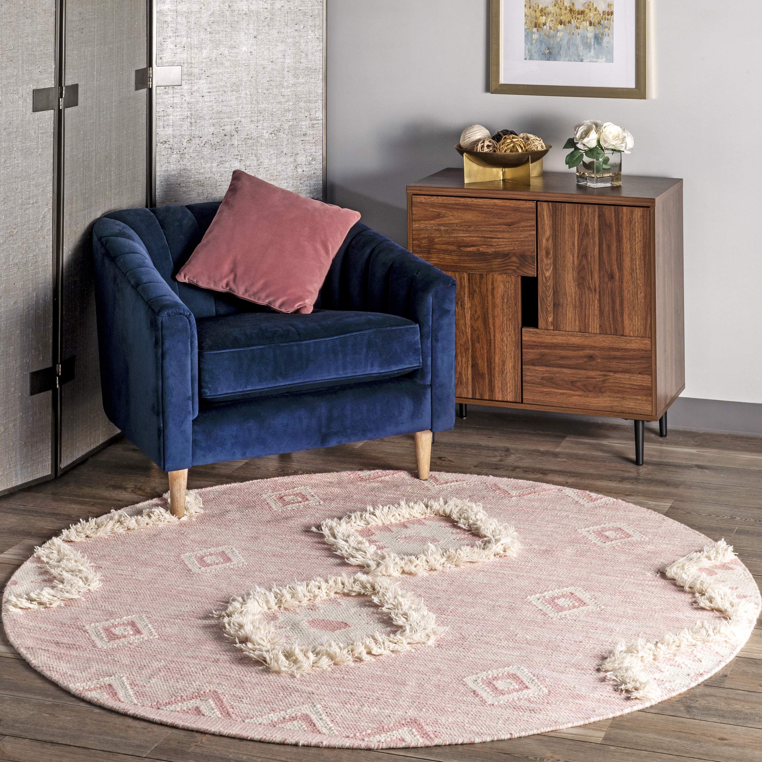 nuLOOM Savannah Moroccan Fringe Area Rug - 6' Round Pink Bohemian Style Rug for Living Room, Bedroom & Nursery Decor | Soft & Stylish Home Accent