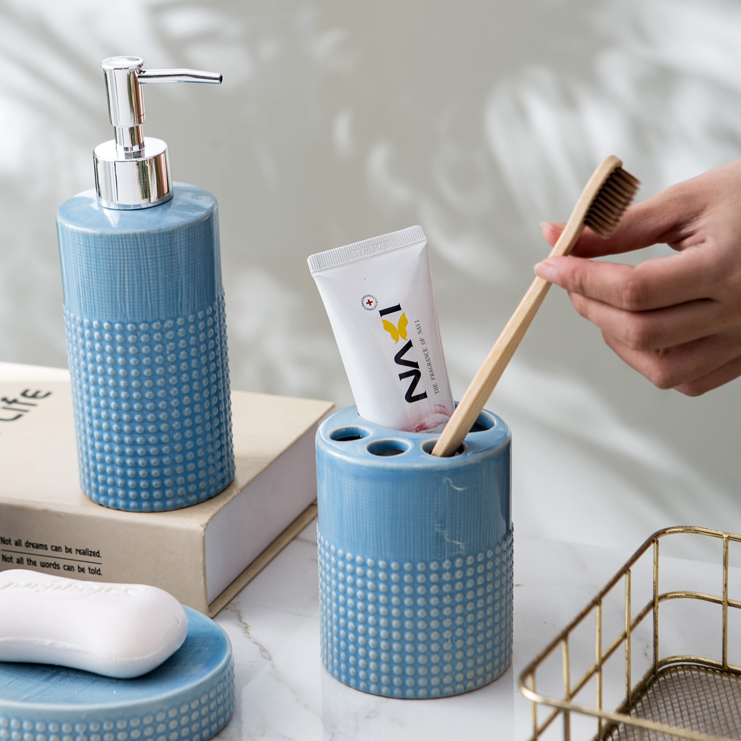 4-Piece Ceramic Bathroom Accessories Set - Soap Dispenser, Toothbrush Holder, Tumbler & Soap Dish | Modern Home Decor for Bathroom, Housewarming Gift (Blue) | Perfect for Guest Bathrooms, Master Suites & Spa-Inspired Spaces
