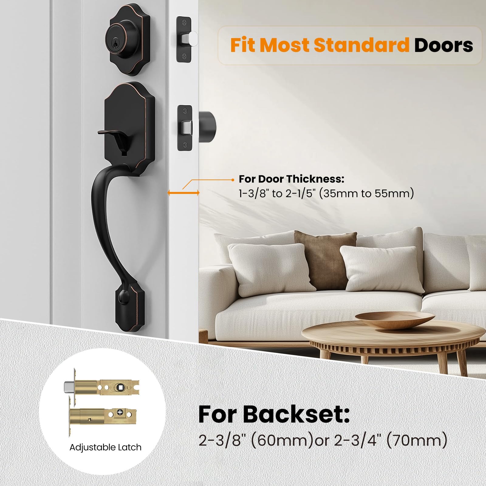 HOSOM Oil Rubbed Bronze Front Door Handle Set with Deadbolt - Single Cylinder Exterior Door Lock for Right & Left Handed Doors - Secure Entry for Homes, Offices & Apartments