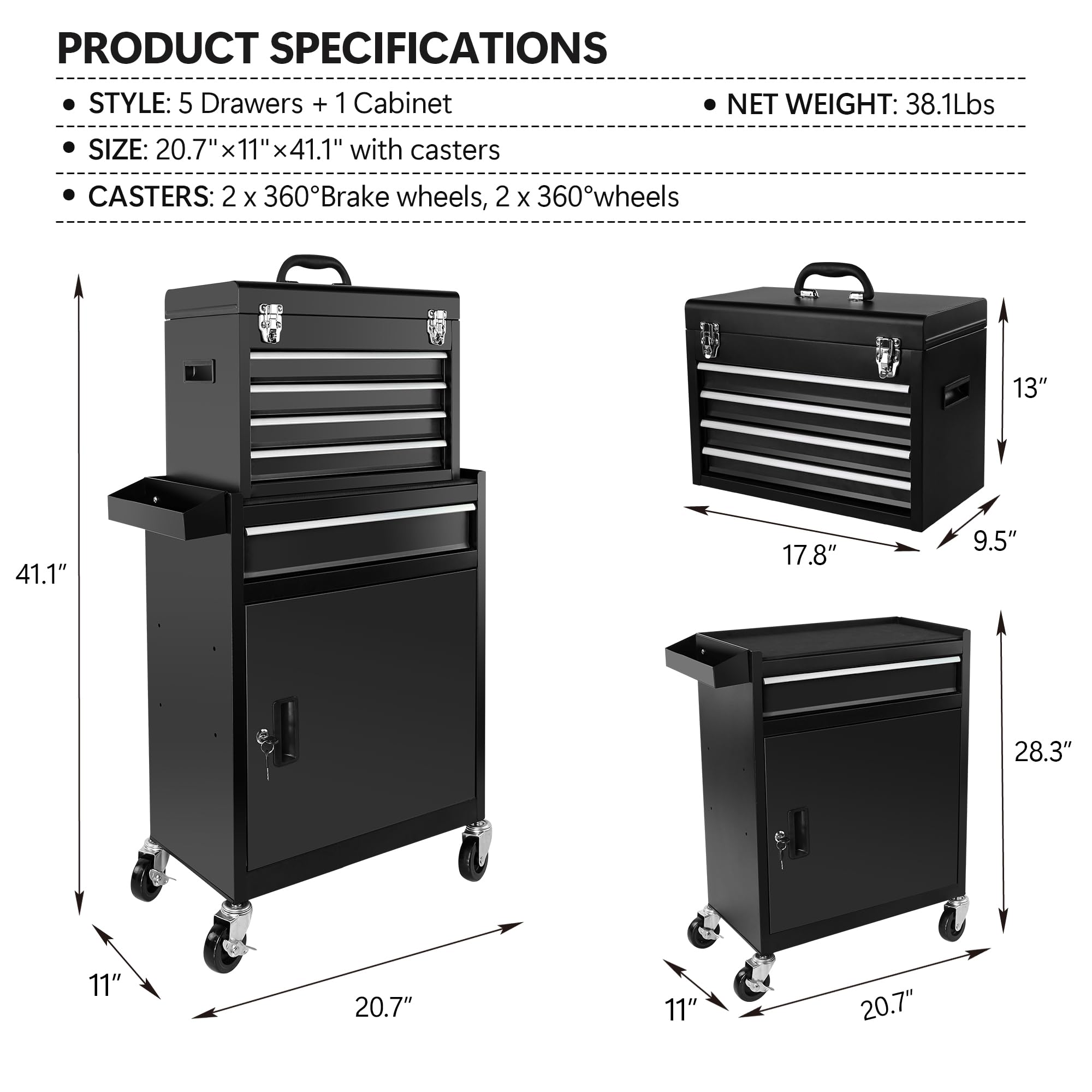 LUSPAZ 5-Drawer Rolling Tool Chest with Wheels - Heavy Duty Steel Tool Organizer for Garage & Workshop - Detachable 2-in-1 Design with Locking System & Protective Liner - Perfect for Mechanics, DIY Enthusiasts & Professional Tradesmen