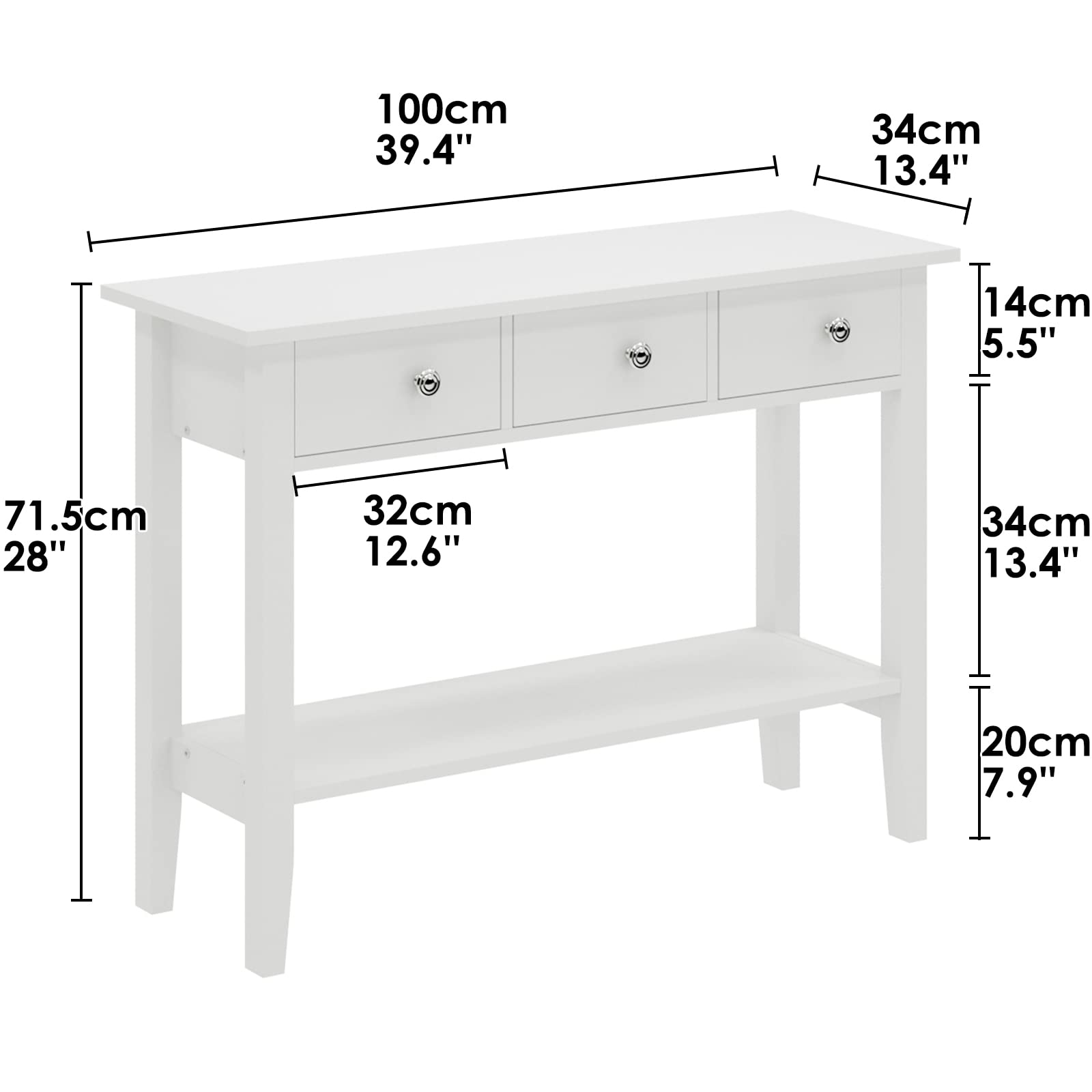 Soges 3-Drawer Console Table with Storage Shelf - Entryway Sofa Table, Hallway Table, Behind Couch Table - White - Perfect for Living Room, Corridor & Small Space Organization