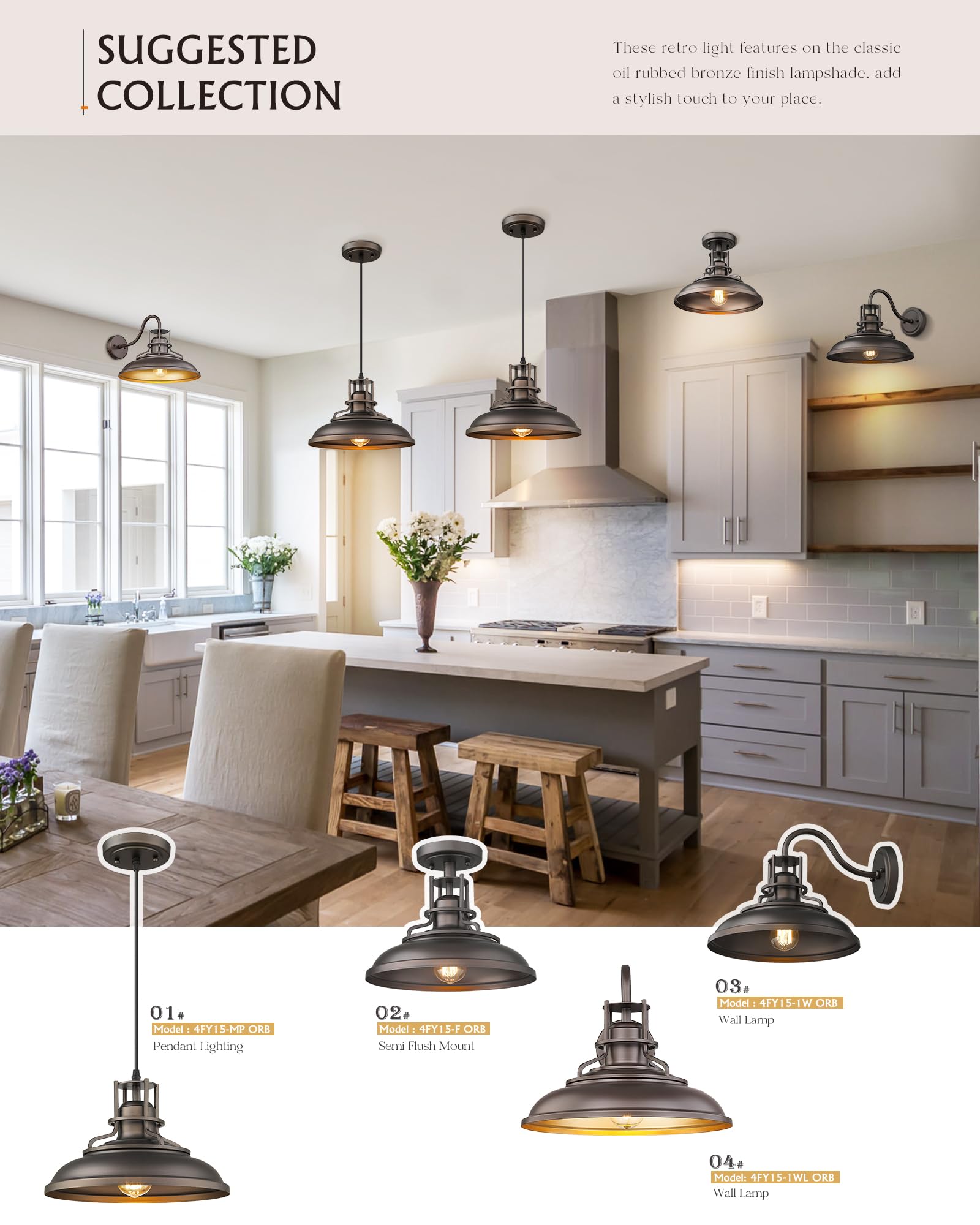 FEMILA 12 Inch Industrial Pendant Lights Fixture - 2 Pack Farmhouse Hanging Lights for Kitchen Island, Dining Room & Bar - Oil Rubbed Bronze Finish (4FY15-MP-2PK ORB) - Perfect for Modern Farmhouse & Industrial Style Decor