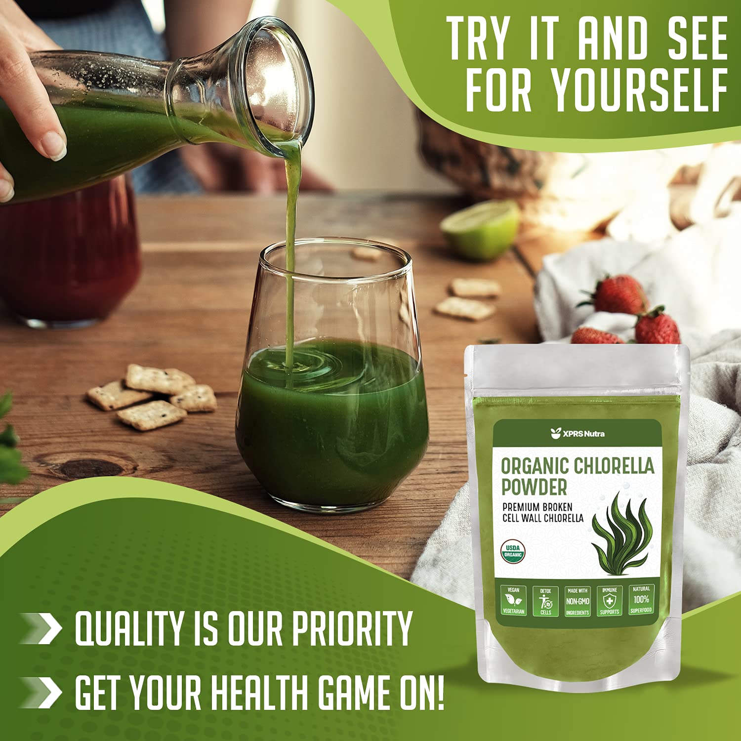 Organic Chlorella Powder with Broken Cell Wall - High in Chlorophyll & Protein - Vegan Superfood for Immunity Boost & Detox - Perfect for Smoothies, Juices & Wellness Shots (8oz)