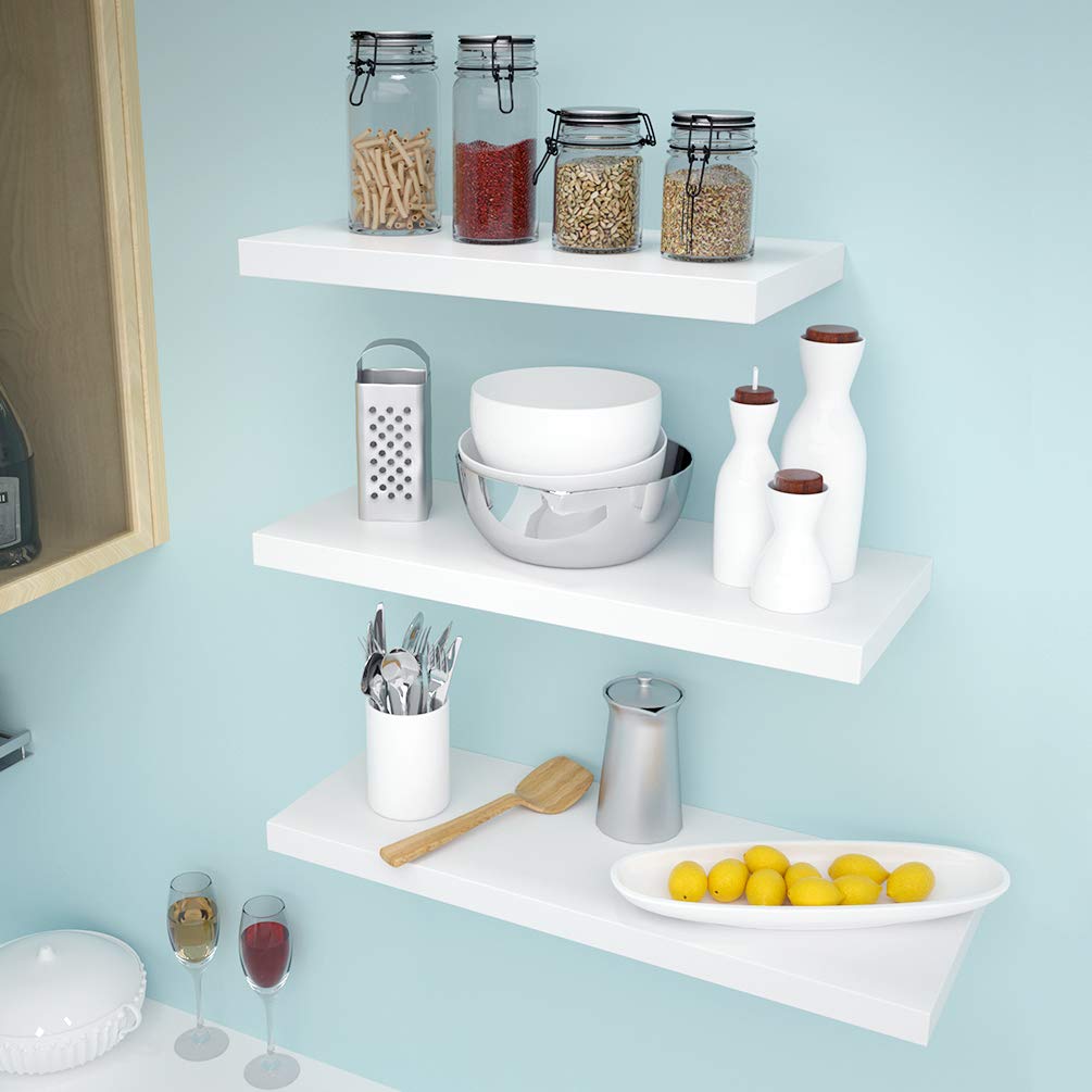 EEFOW White Floating Shelves Wall Mounted - Set of 3 Modern Wooden Ledge Shelves for Home Decor | Invisible Storage Display Shelf for Bedroom, Living Room, Office & Kitchen | Perfect for Books, Plants, Photos and Decorative Items