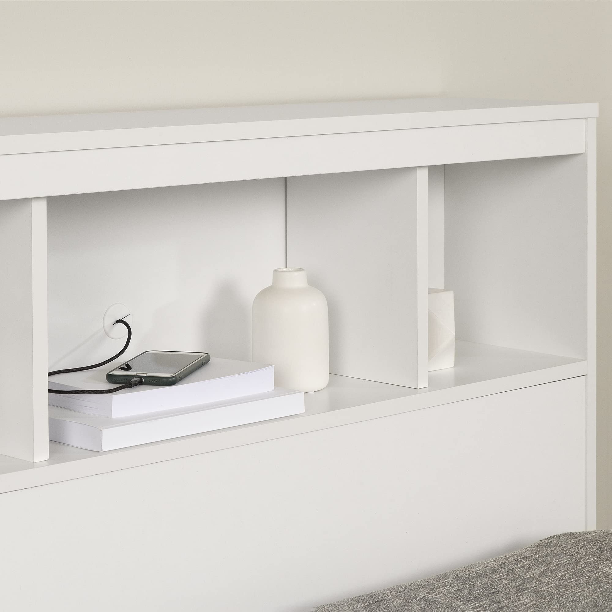 South Shore Summertime Bookcase Headboard with Storage - Twin Size, Pure White Finish - Perfect for Kids' Bedrooms, Dorm Rooms & Small Spaces