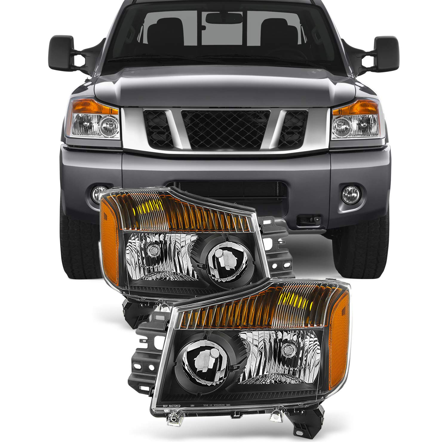 AKKON Black Headlights Front Lamps for 2004-2015 Nissan Titan & 2005-2007 Nissan Armada - Direct Replacement Left & Right Pair - Upgrade Your Truck's Style & Night Visibility