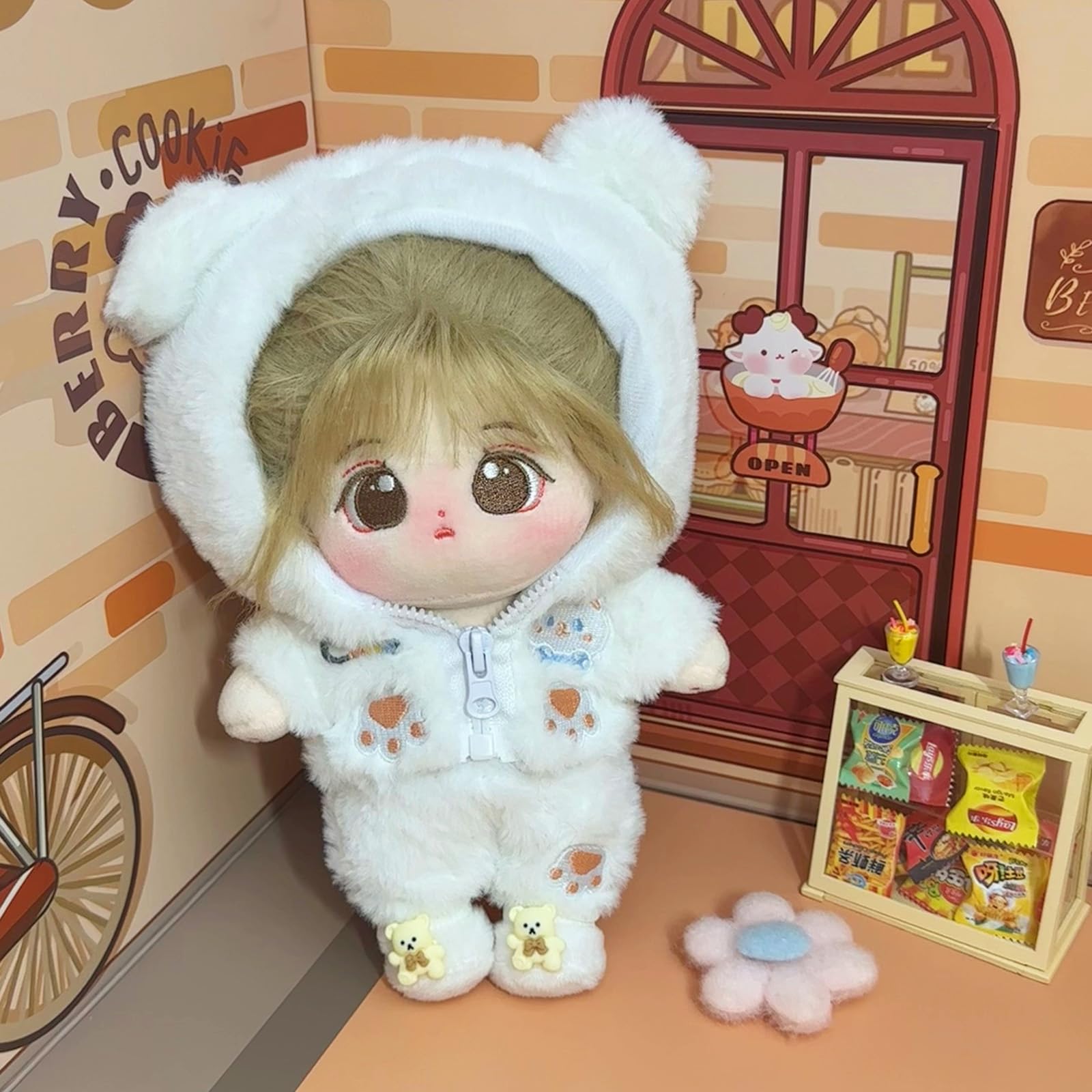 CALEMBOU 20cm Plush Doll Clothes, Anime Plushie Outfit Suit Pajamas for 8 inch Stuffed Animals, Cotton Doll Clothes for Skzoo Dolls & Kawaii Plush Toys (White Bear New Suit) - Perfect for Cosplay, Collecting & Gift Giving