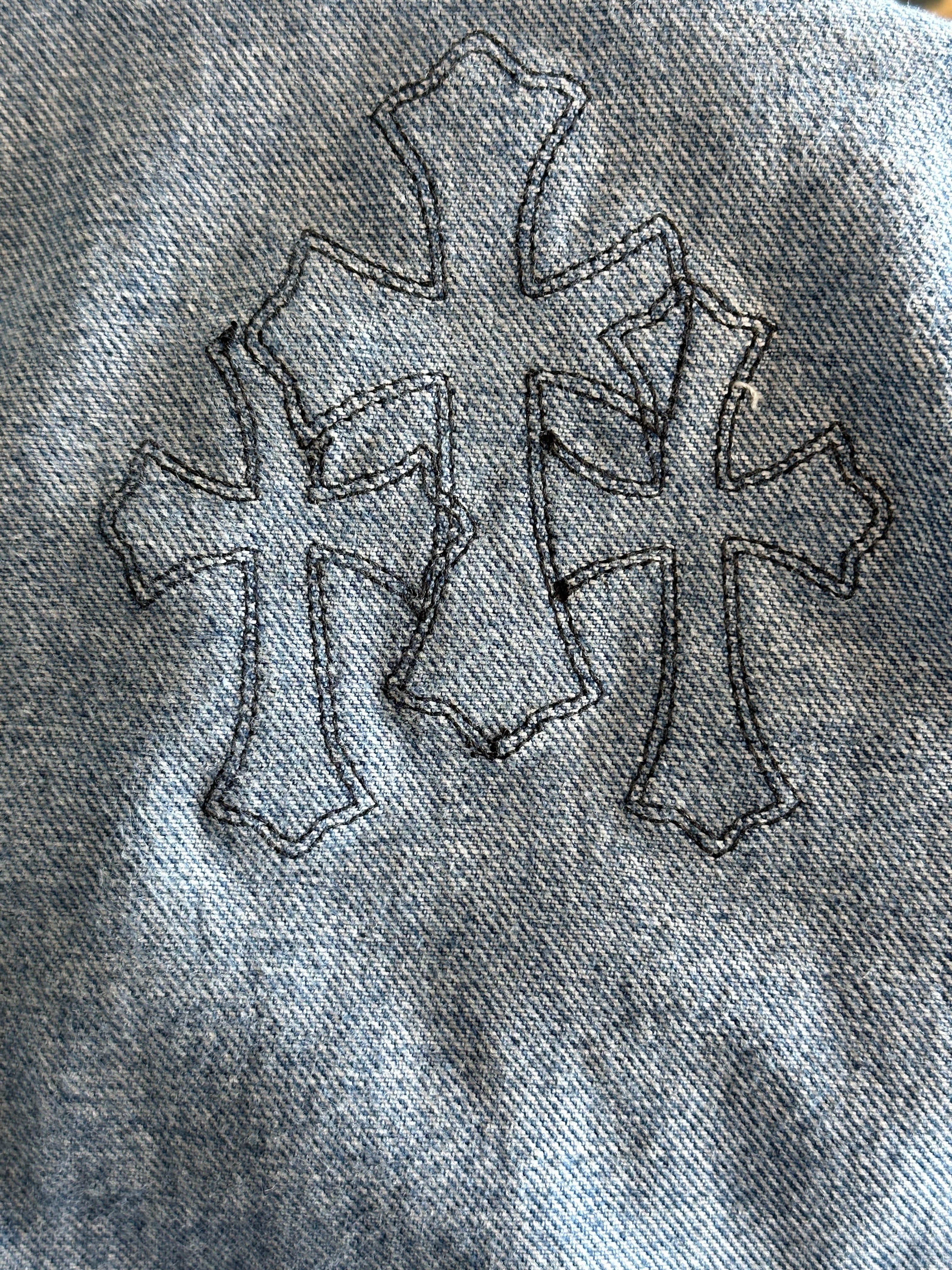 Chrome Hearts x Levi's Blue & Black Cross Patch Denim Jeans for Men - Stylish Vintage Streetwear for Casual Outfits & Night Out
