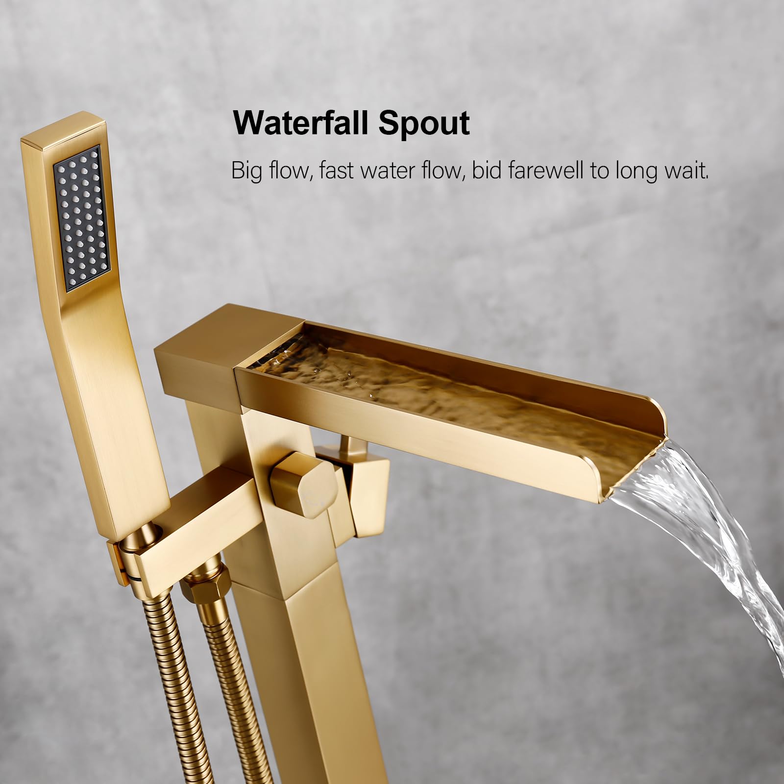 Premium BAGNOLUX Floor Mount Bathtub Faucet - Single Handle Brass Tub Filler with Hand Shower, Waterfall Style (Brushed Brass) - Perfect for Modern Bathroom & Spa Retreats