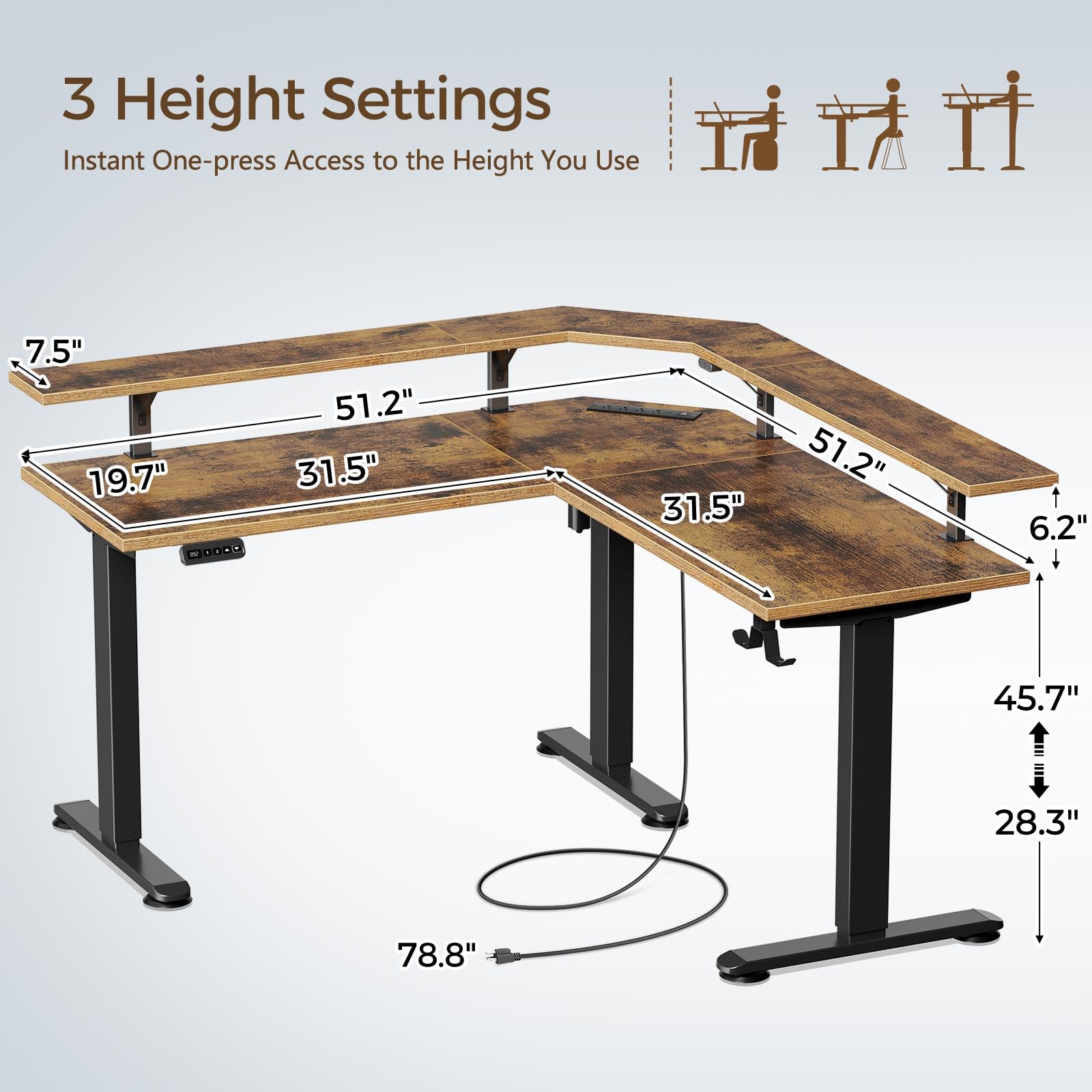 Rolanstar L-Shaped Electric Standing Desk with LED Light & Power Outlet - Height Adjustable Computer Desk with Monitor Stand in Rustic Brown - Perfect for Home Office, Gaming Setup & Workspace Ergonomics