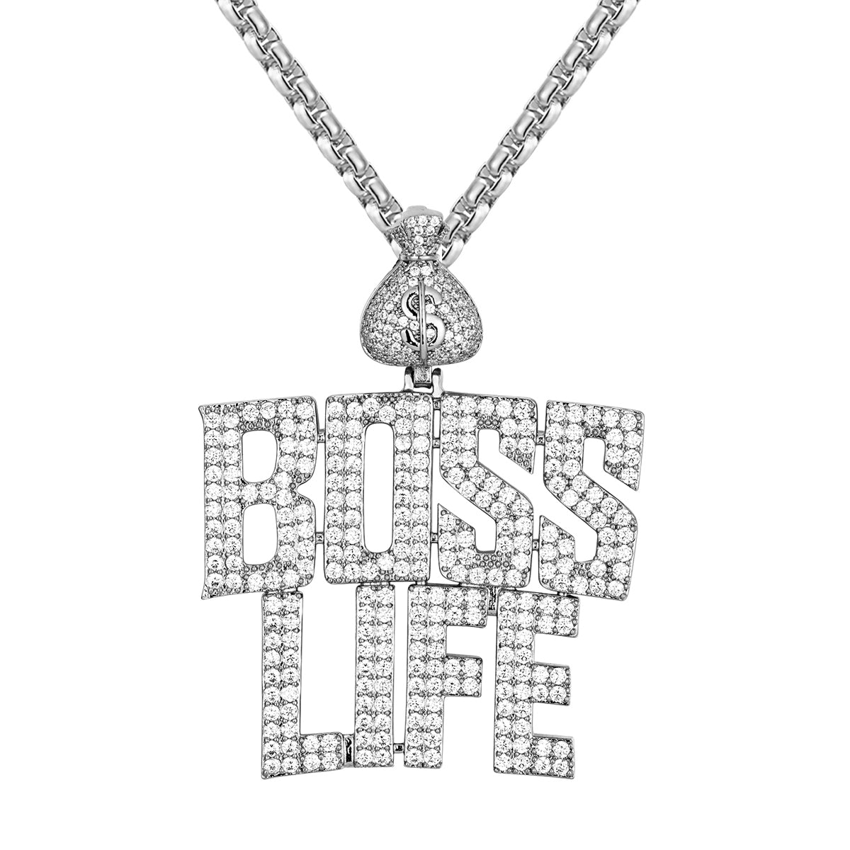 White Tone Boss Life Money Rich Dollar Bag Men's Custom Pendant - Luxury Hip Hop Jewelry for Rappers & Streetwear Fashion