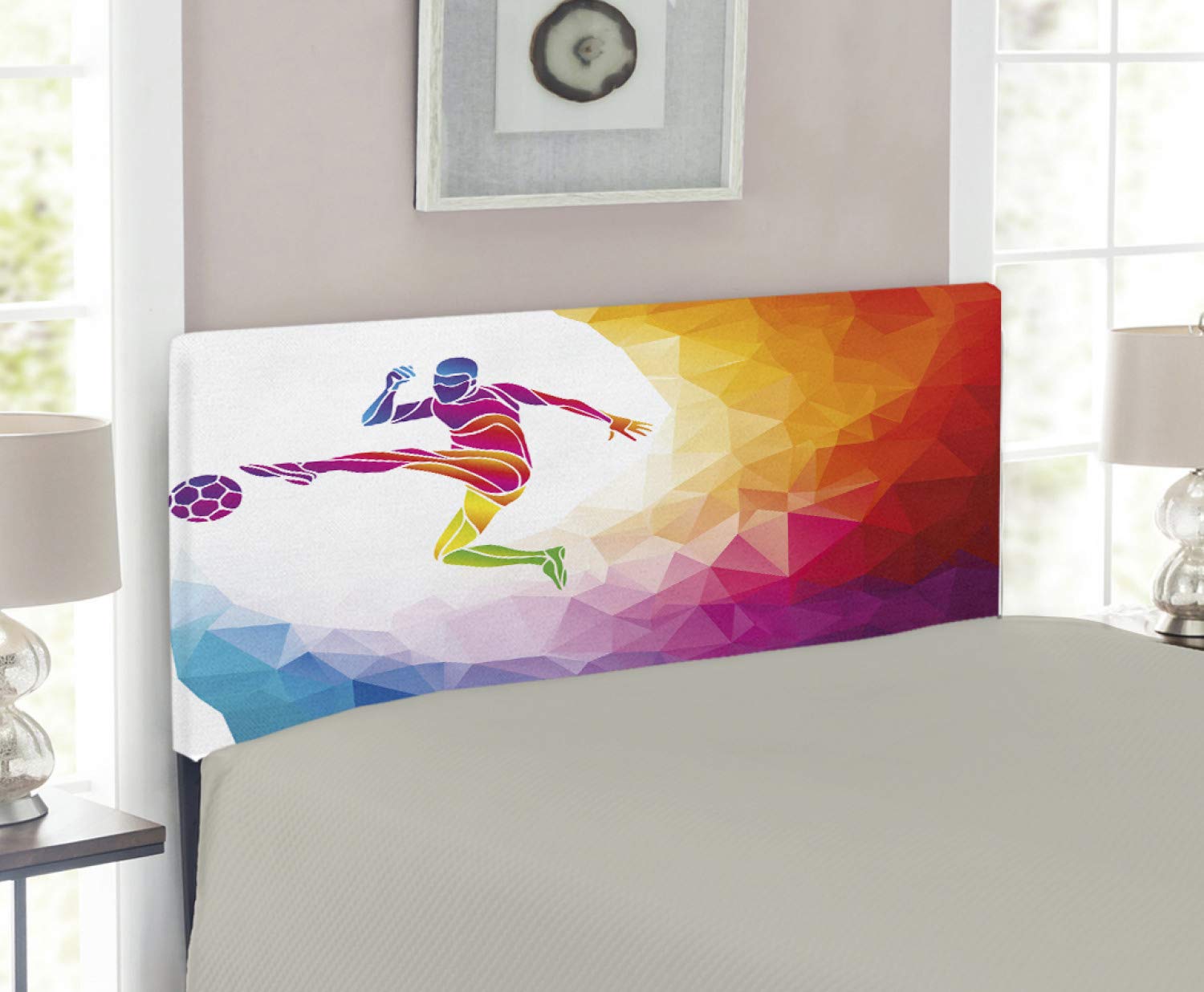 Ambesonne Teen Room Headboard - Fractal Soccer Player Hitting Ball Polygonal Abstract Design | Upholstered Decorative Metal Bed Frame with Memory Foam | Twin Size Multicolor Headboard for Boys' Sports Themed Bedroom Decor
