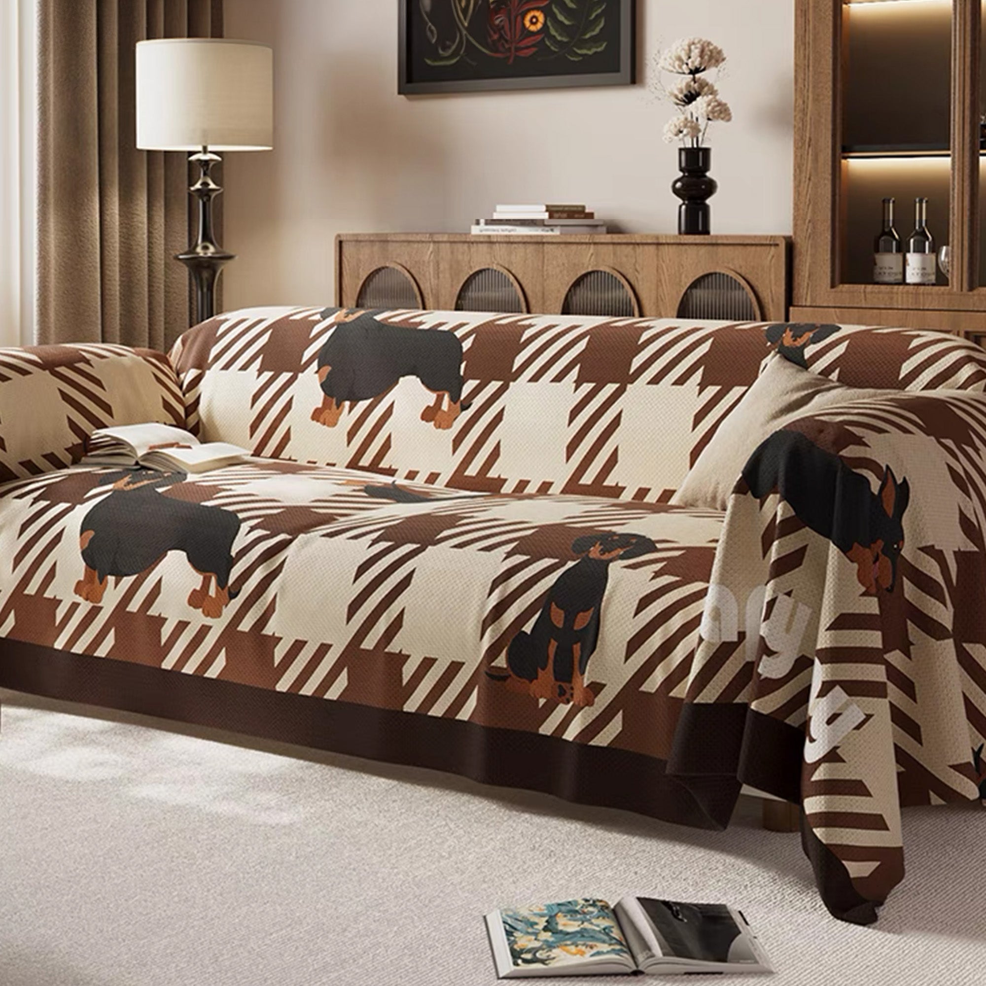 Stylish Plaid Dachshund Dog Print Sofa Cover - Waterproof & Non-Slip Couch Protector for Pet Owners - Perfect for Living Room Furniture Protection