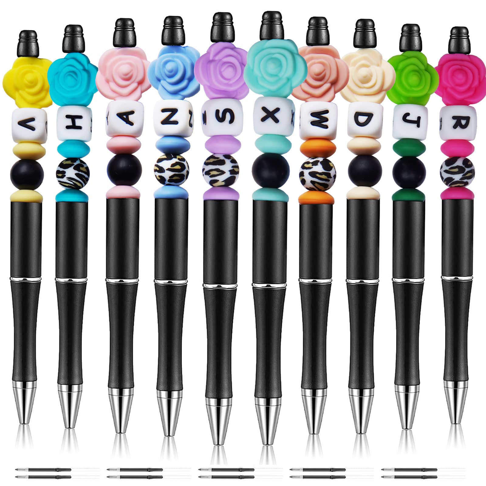 Bulk Beadable Pens with Silicone Beads - 10 Pack Black Ballpoint Pens & 10 Refills - Multicolor Beaded Pens for DIY Crafts, School Supplies, Office Use & Gift Giving