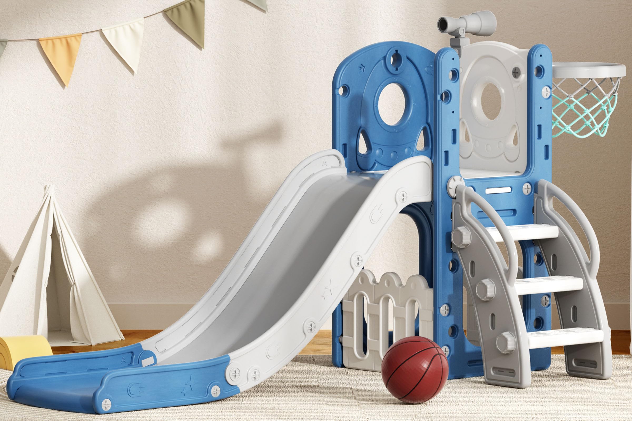7-in-1 Blue Toddler Slide & Playset - Indoor/Outdoor Kids Playground with Basketball Hoop, Telescope & Storage for Ages 1+ Years | Perfect for Backyard, Nursery & Daycare Fun