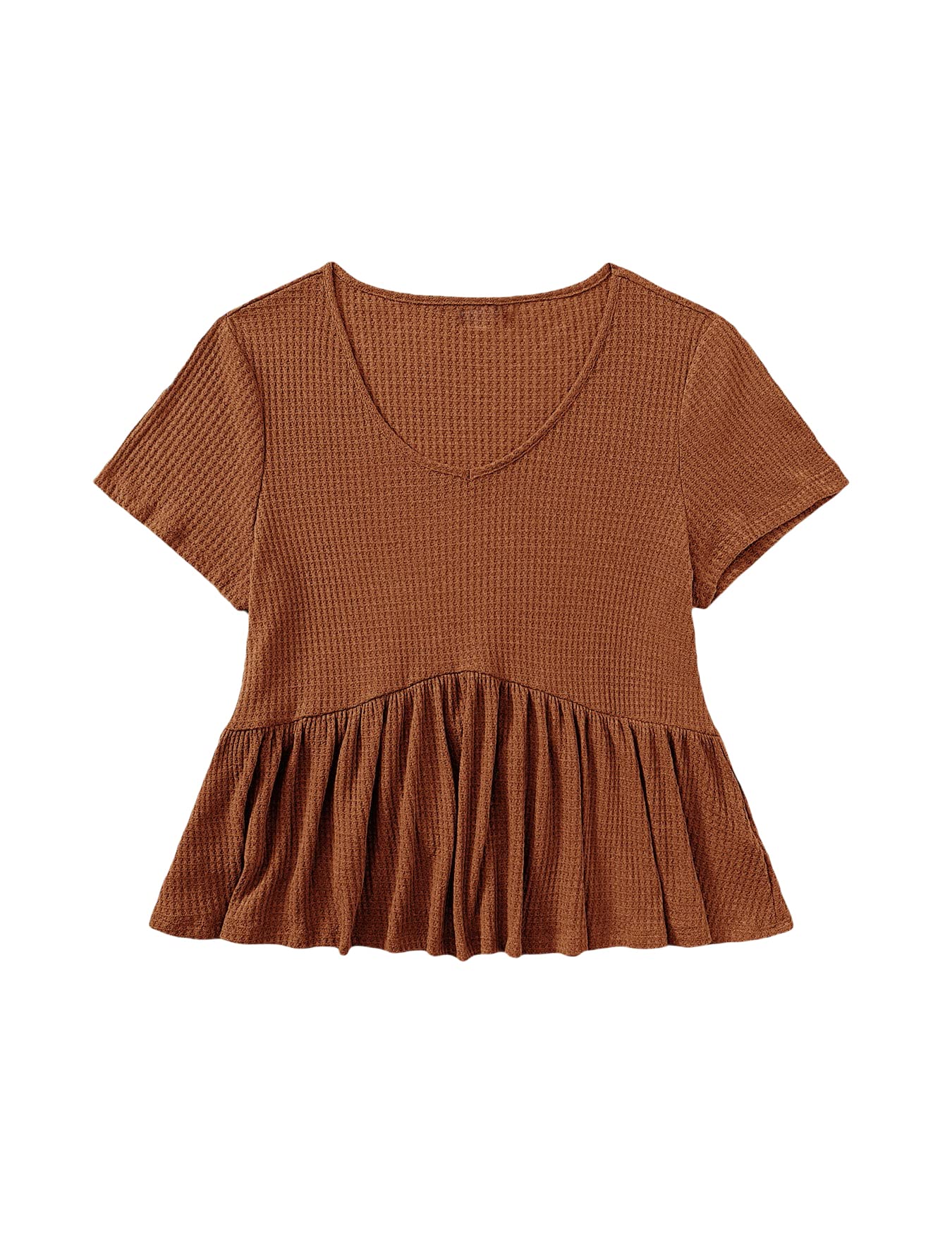 Romwe Women's Plus Size Casual Short Sleeve Waffle Knit V-Neck Ruffle Hem Peplum Blouse Top Tee - Comfortable & Stylish for Work, Date Night & Everyday Wear