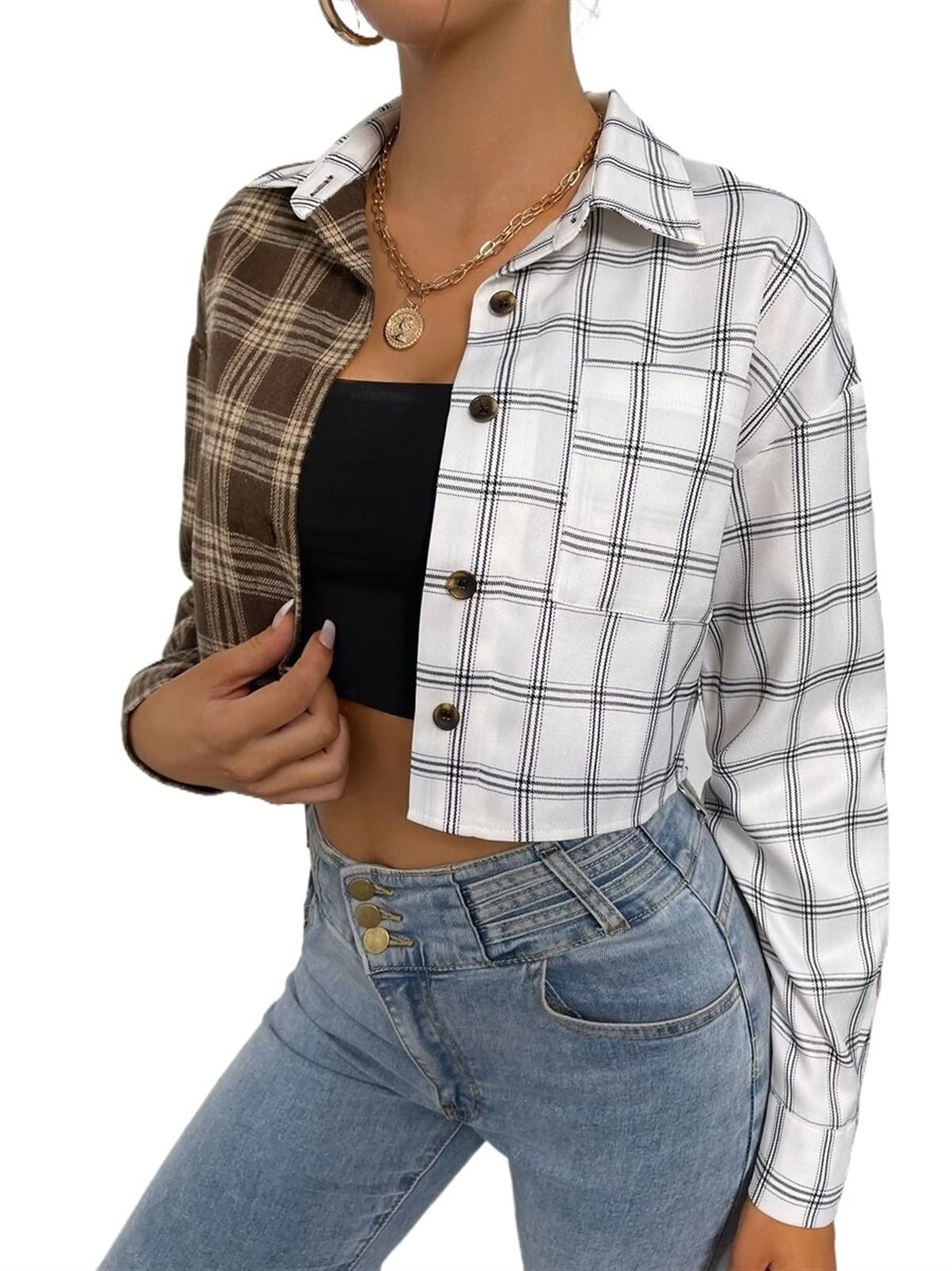 TINMIIR Women's Plaid Colorblock Drop Shoulder Crop Blouse - Button Up Lapel Collar Shirt for Casual Outfits & Office Wear