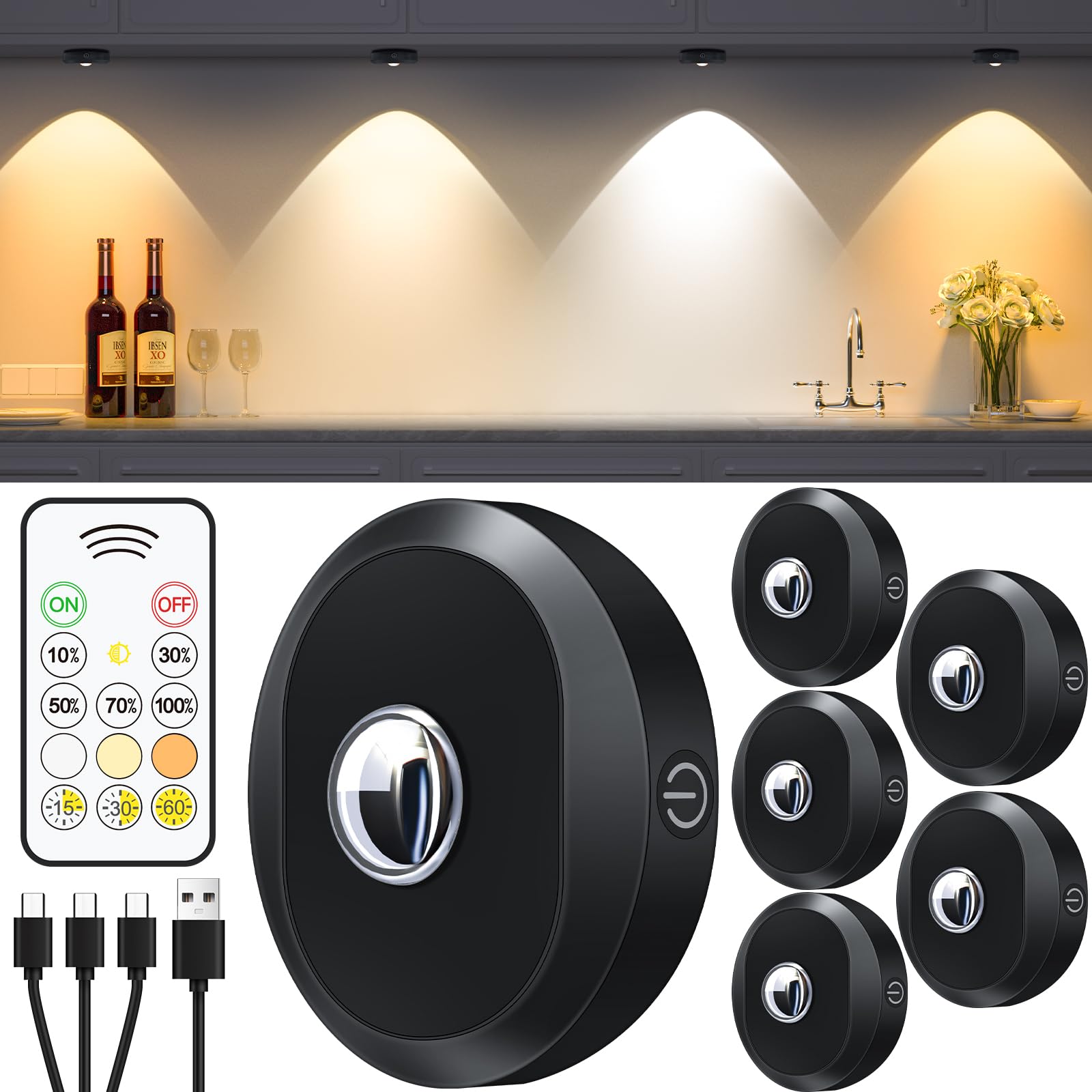 WILLED Rechargeable Puck Lights with Remote - 6 Pack Dimmable LED Under Cabinet Lights, 1200mAh Battery Operated Tap Lights for Kitchen, Closet, Stairs & Night Light Use