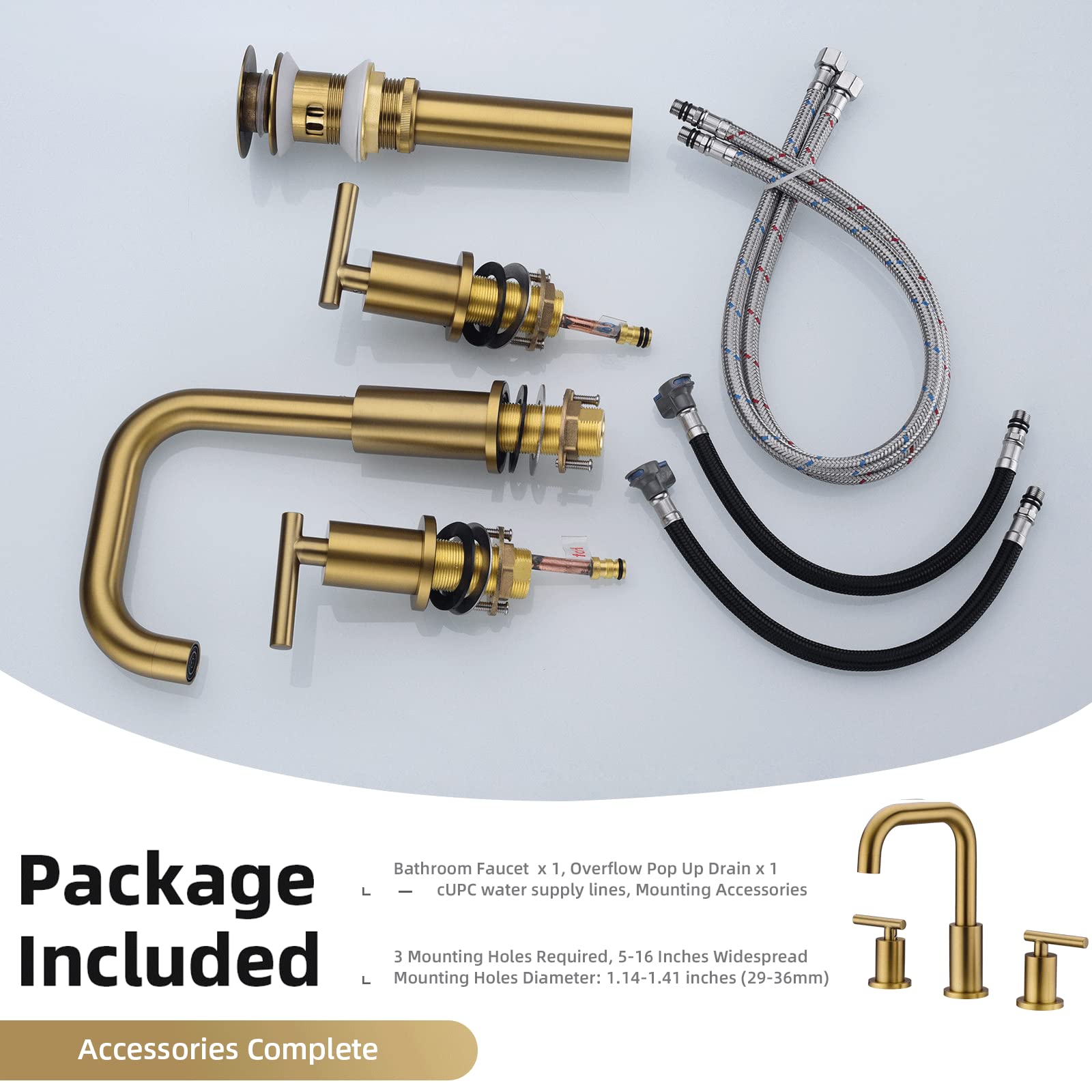 TRUSTMI 8 Inch Widespread Bathroom Faucet - 2 Handle Brushed Brass Gold Vanity Sink Faucet with Metal Overflow Drain & cUPC Water Supply Lines - Perfect for Modern Bathroom Renovation and Home Upgrade