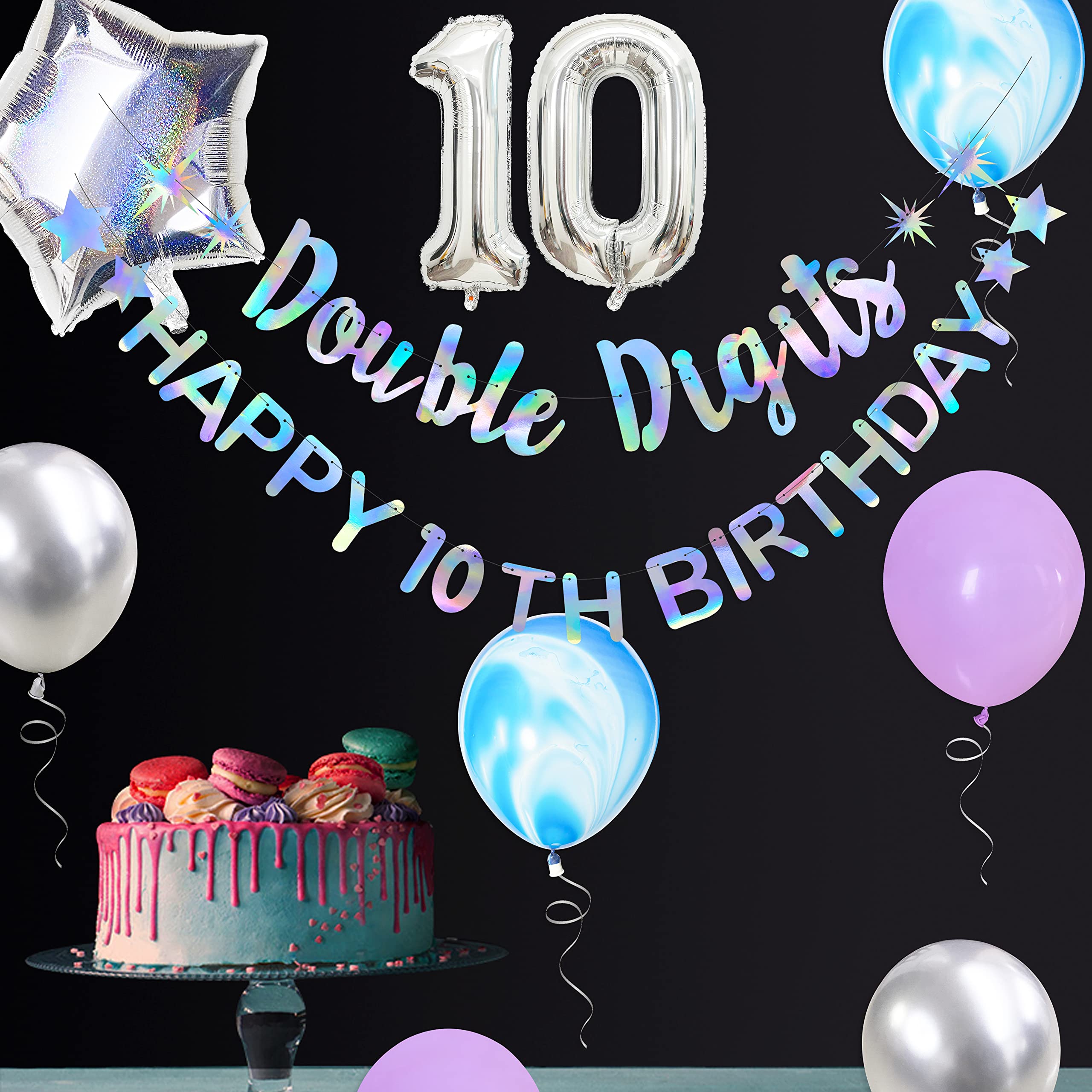10th Birthday Banner Garland - Iridescent Double Digits Foil Balloon Decorations for Girls & Boys | Hanging '10 and Fabulous' Cheers to 10 Years Party Supplies | Perfect for Birthday Backdrops, Classroom Celebrations & Milestone Decor
