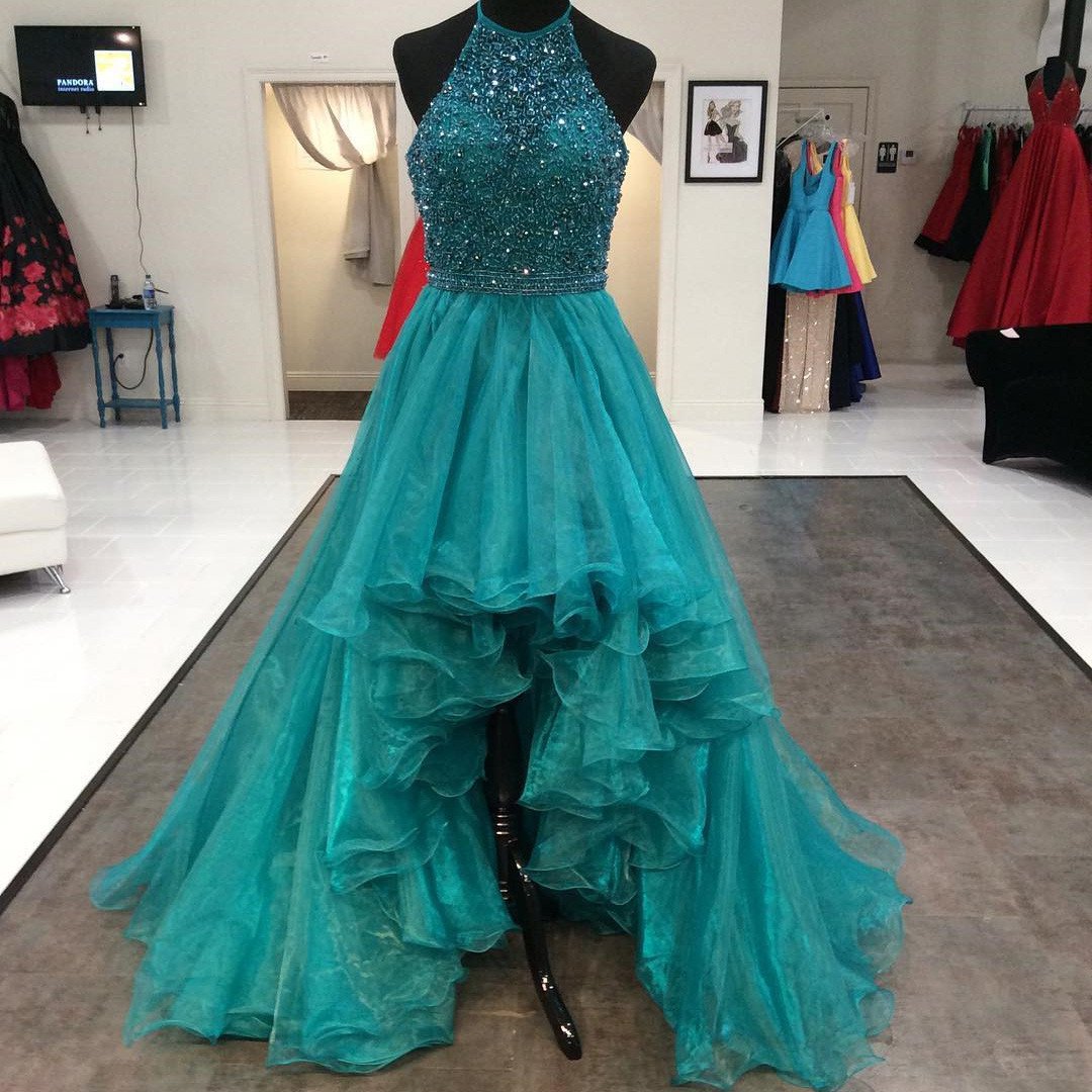 Elegant Beaded Halter Organza Ruffles High-Low Prom Dress for Women - Perfect for Homecoming, Formal Dances & Special Occasions