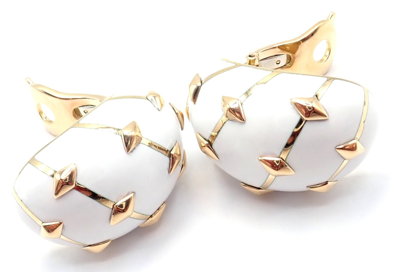 Tiffany & Co Schlumberger Dot Losange 18k Yellow Gold White Enamel Hoop Earrings | Luxury Designer Jewelry for Women | Perfect for Parties, Weddings & Special Occasions