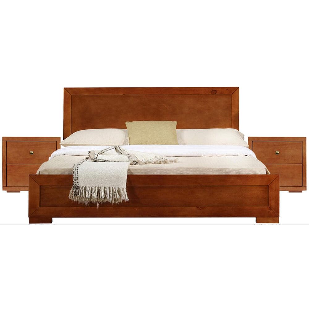 Cherry Wood Queen Size Camden Isle Trent Wooden Platform Bed with 2 Nightstands - Modern Bedroom Furniture for Small Spaces & Guest Rooms