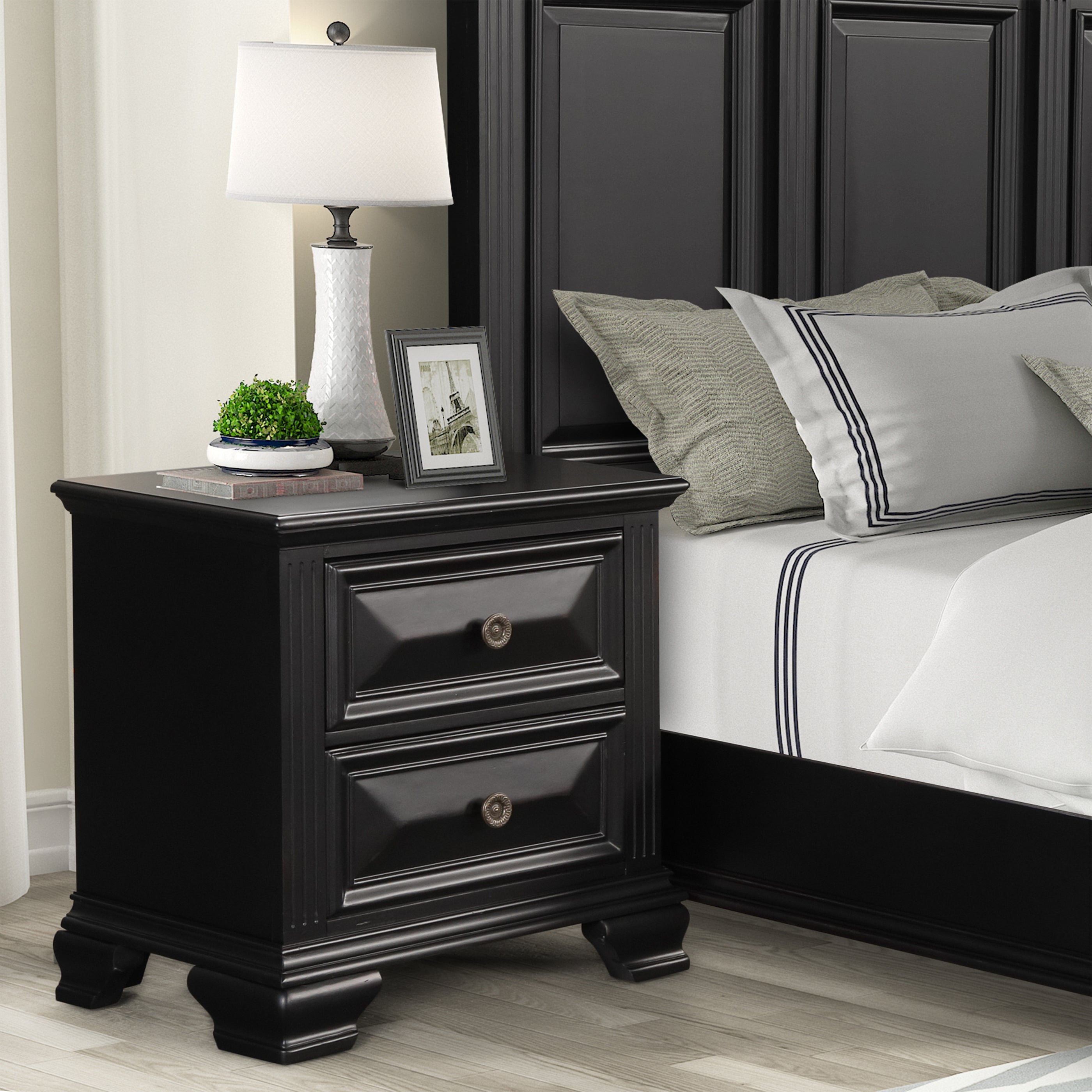 Vintage Black 2-Drawer Nightstand - Solid Wood Bedside Table for Bedroom, Living Room & Guest Room - Classic Storage Cabinet with Smooth Gliding Drawers
