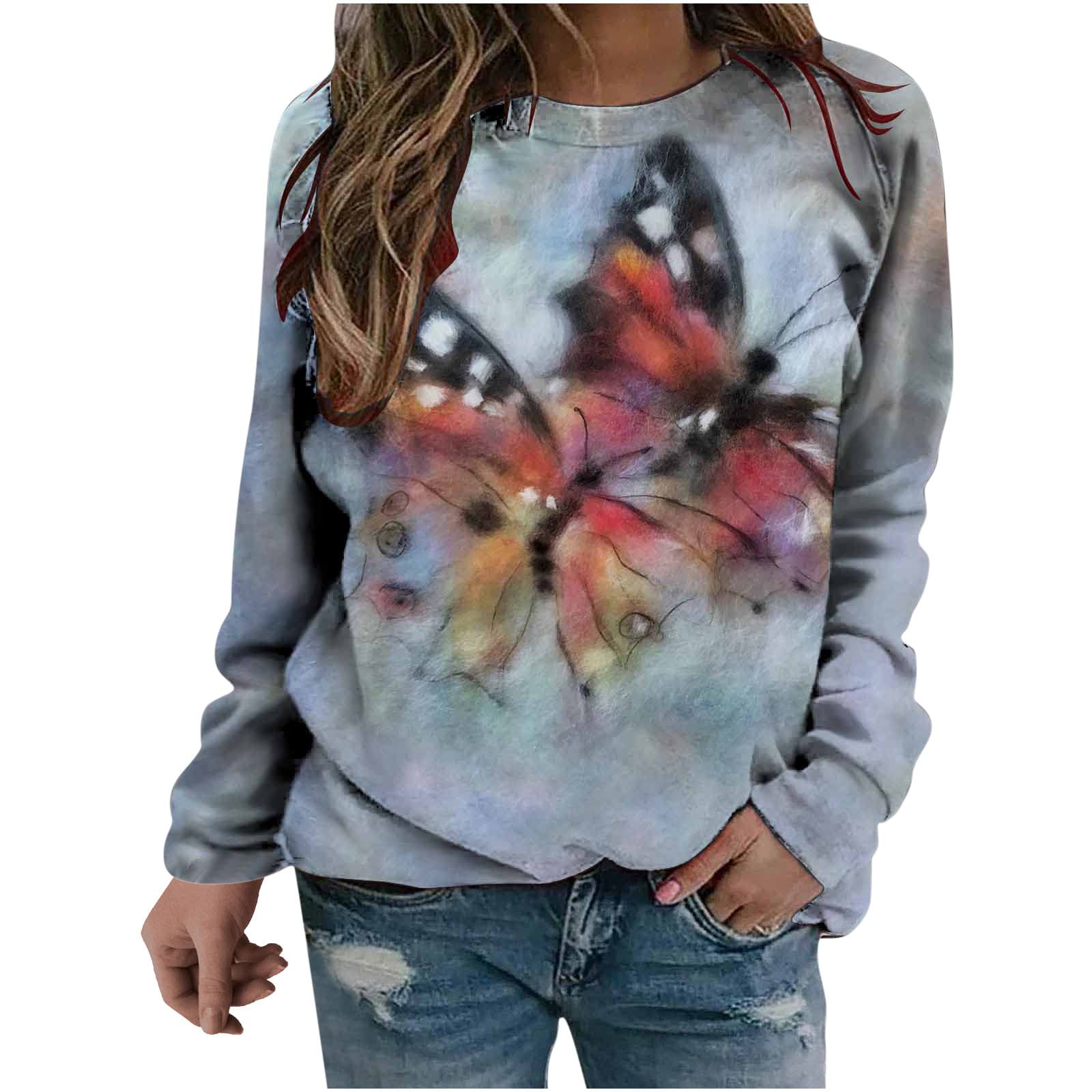 Plus Size Women's Butterfly Print Crewneck Sweatshirt - Casual Loose Fit Long Sleeve Top for Everyday Wear, Lounge & Street Style