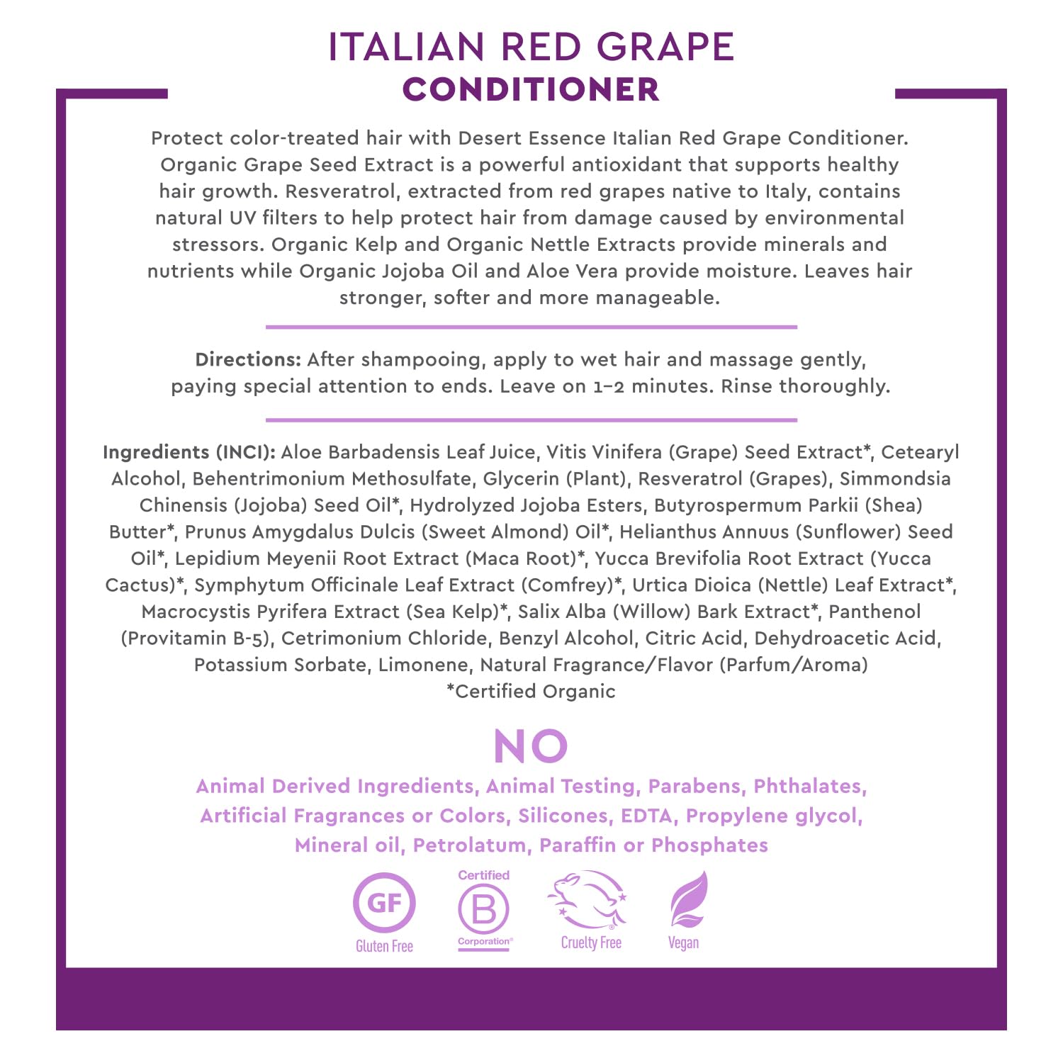 Desert Essence Italian Red Grape Conditioner with Antioxidant-Rich Resveratrol - Organic Sea Kelp & Nettle Extracts for Hair Vitamins & Minerals - Vegan, Gluten-Free, Cruelty-Free Hair Care - 8oz - Perfect for Dry, Damaged Hair & Scalp Nourishment