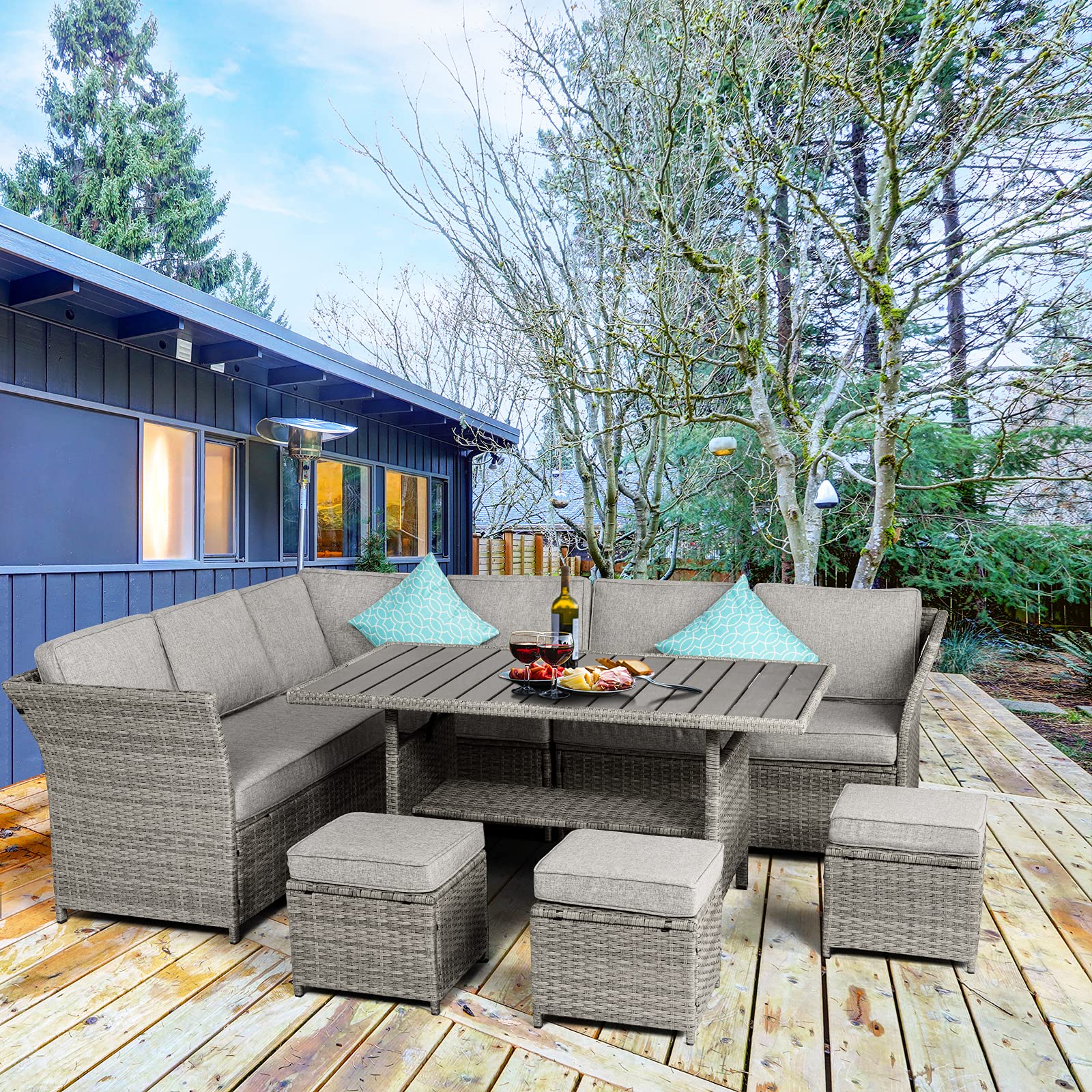 Aoxun 7-Piece Outdoor Patio Furniture Set - All-Weather Wicker Sectional Sofa with Dining Table, Chairs & Ottoman - Grey - Perfect for Backyard, Garden, Poolside & Patio Dining