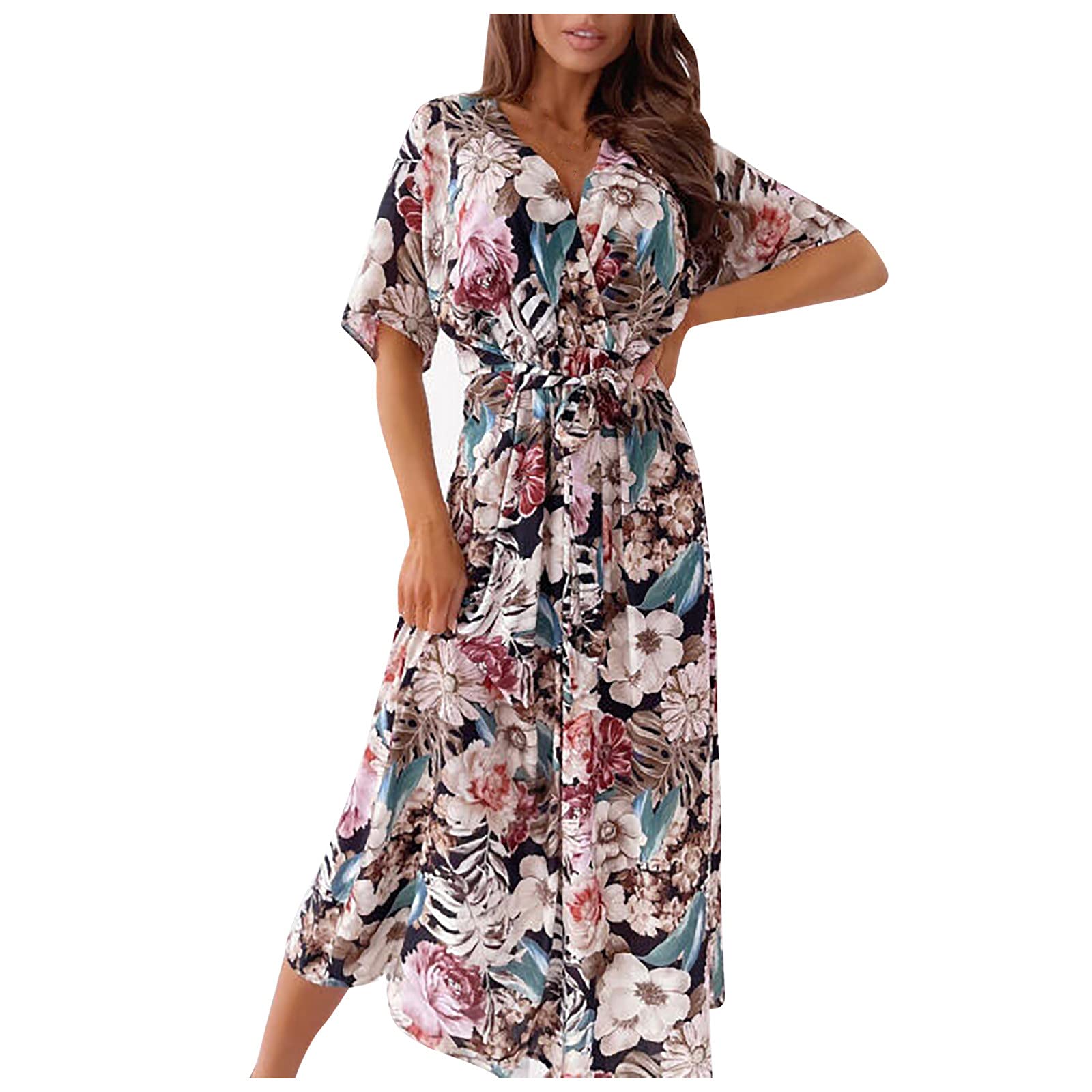 ETHKIA Women's Casual Summer Dresses - Floral Printed Wrap Waist A-Line Midi Dress with Belt | Perfect for Beach Vacation, Brunch & Summer Outings