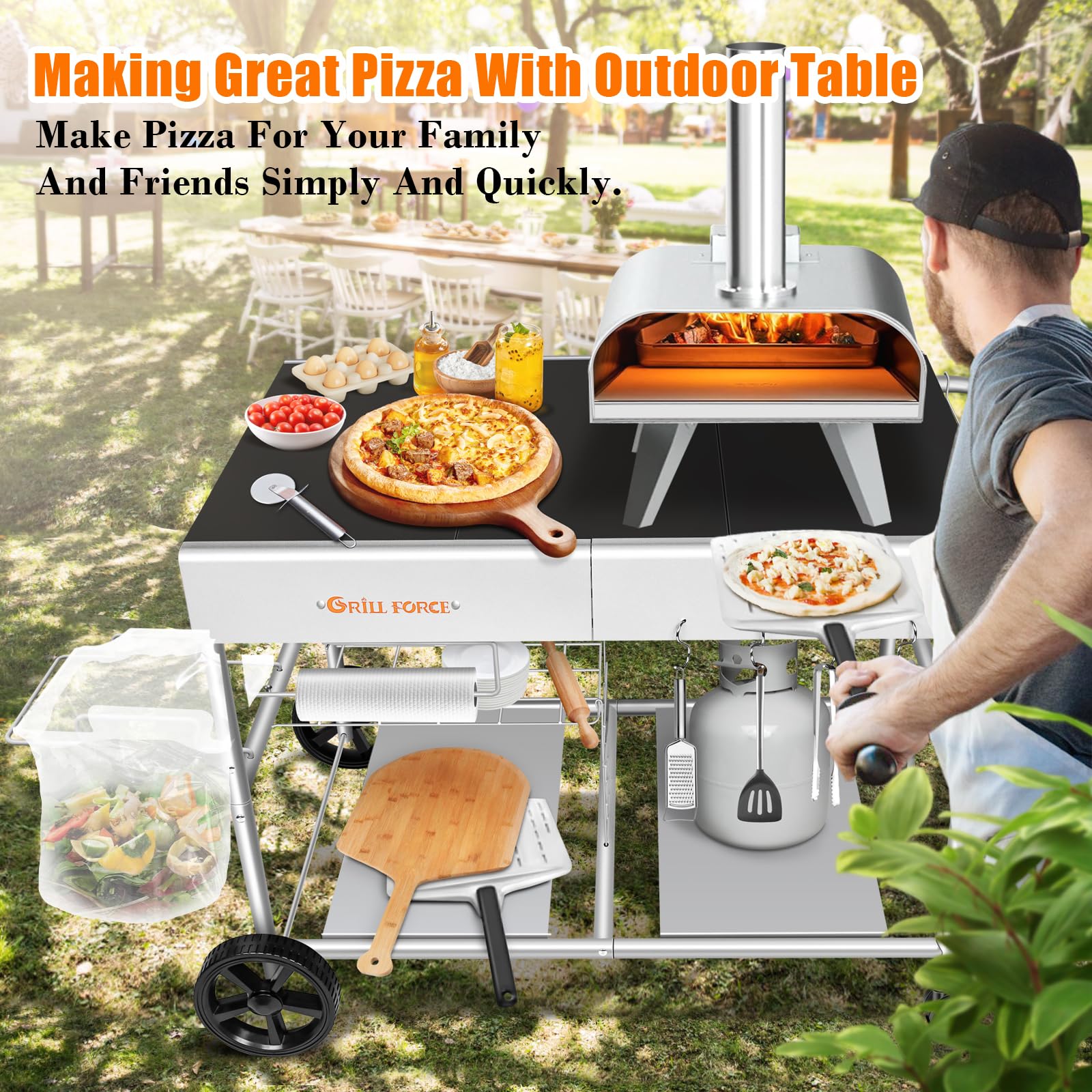 Portable Outdoor Pizza Oven Table for Ooni, Ninja Woodfire & Blackstone - Heavy Duty Grill Cart with Food Prep Space - Movable BBQ Island for Backyard, Patio & Camping Cooking | Perfect for Outdoor Entertaining & Pizza Parties