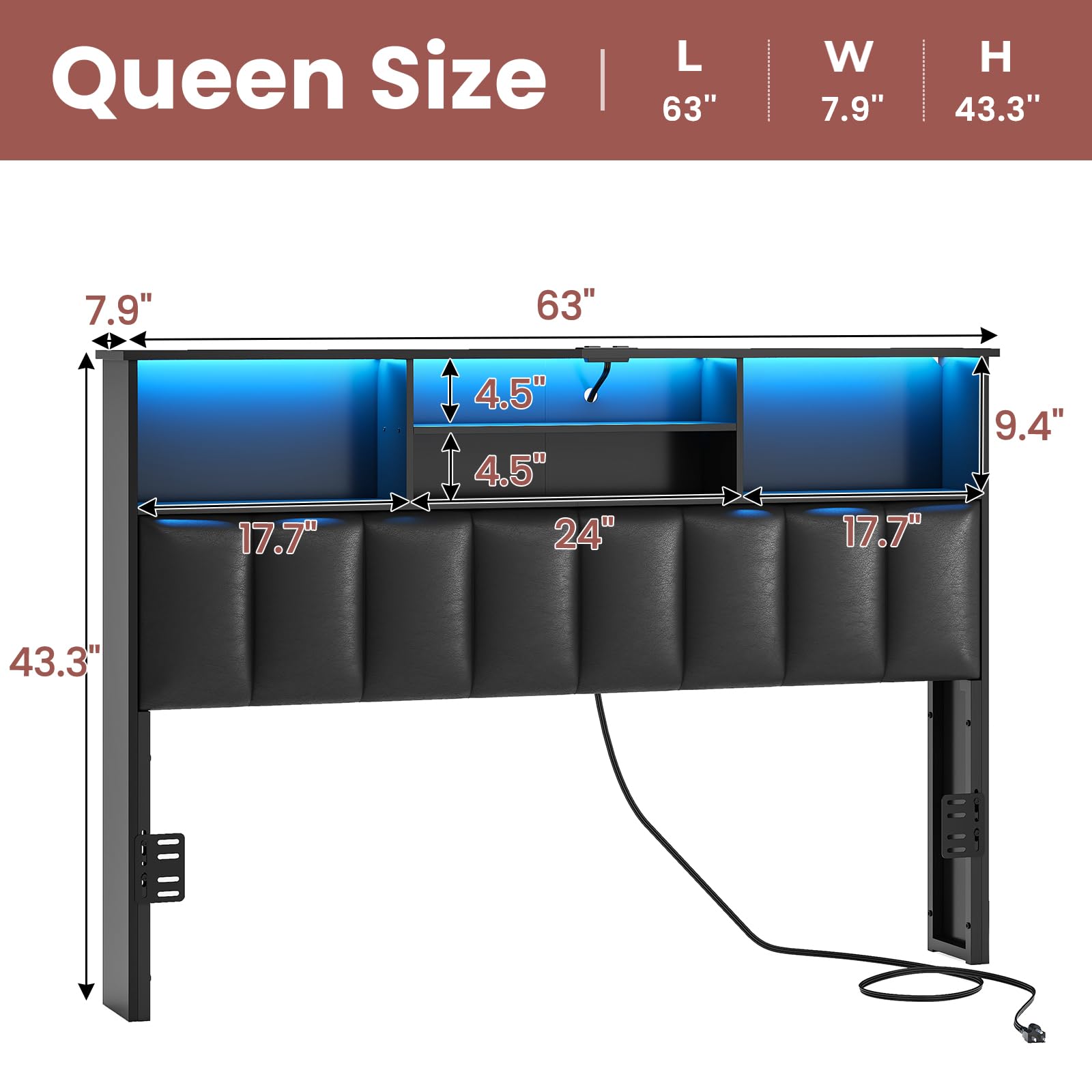 MSmask Upholstered Queen Size Bookcase Headboard with Charging Station & LED Lights - Modern Storage Headboard with Bed Frame Adapter, Black - Perfect for Bedroom Upgrade & Nighttime Reading