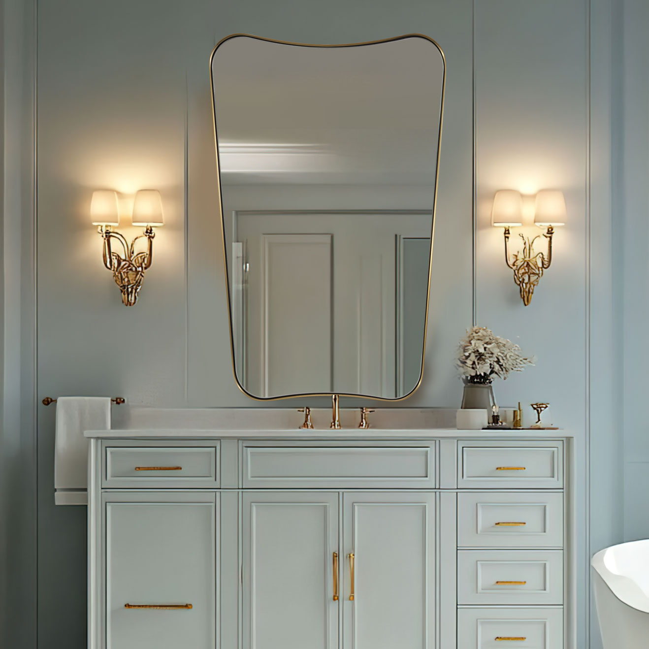 Modern Concave Top Rectangle Irregular Scalloped Bathroom Wall Mirror with Stainless Steel Frame - Perfect for Vanity, Powder Room & Modern Home Decor