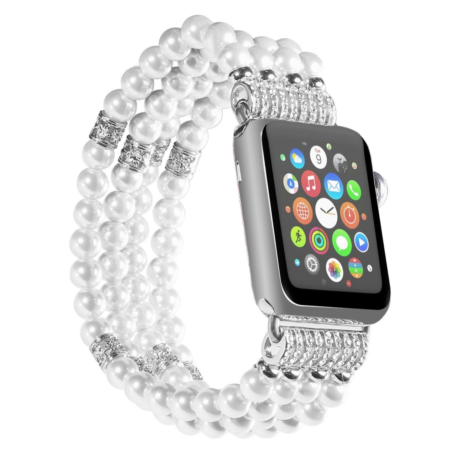 Luxury Handmade Beaded Faux Pearl Elastic Stretch Watch Band for Apple Watch 38mm/42mm - Compatible with Series 1/2/3 - Elegant Replacement Bracelet for Women, Perfect for Work, Parties & Special Occasions