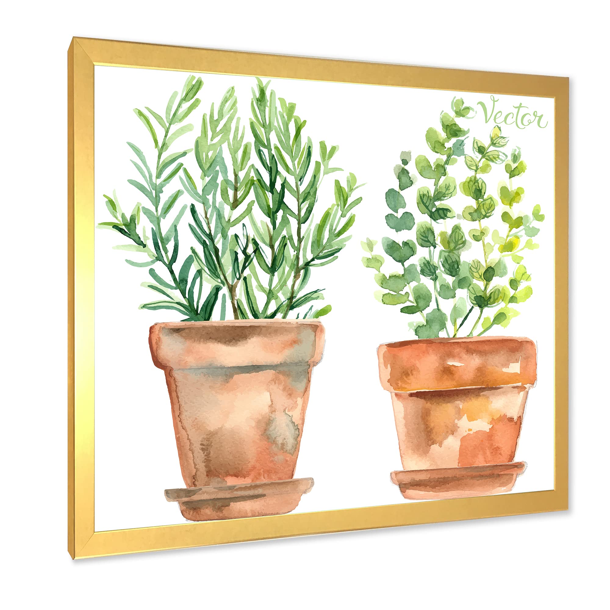 DesignQ Two Green House Plants in Orange Flower Pots - Traditional Framed Wall Art Decor for Living Room, Bedroom & Office