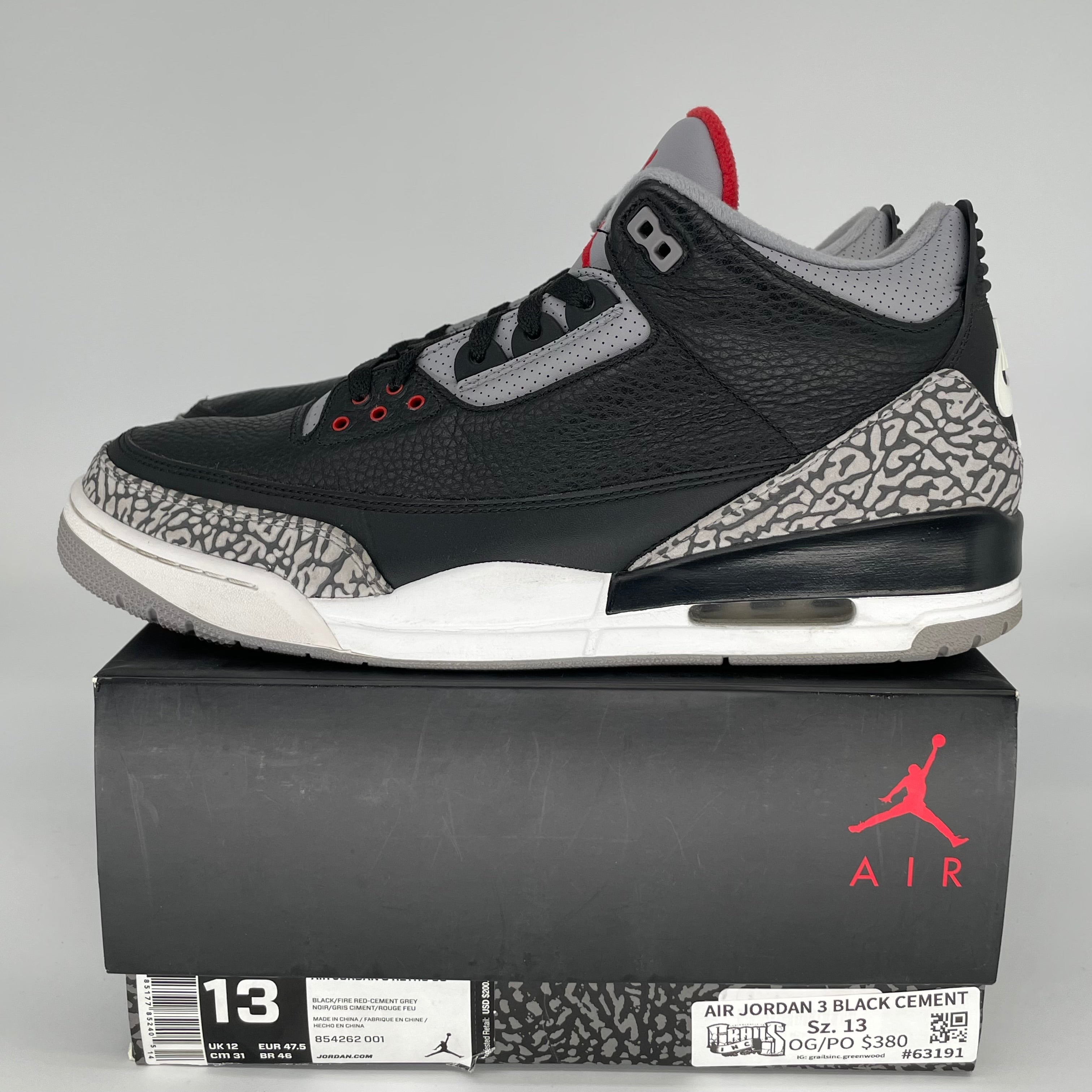 Original Air Jordan 3 Retro 'Black Cement' Men's Basketball Shoes Size 13 (854262-001) - Classic Sneakers for Streetwear & Basketball Performance