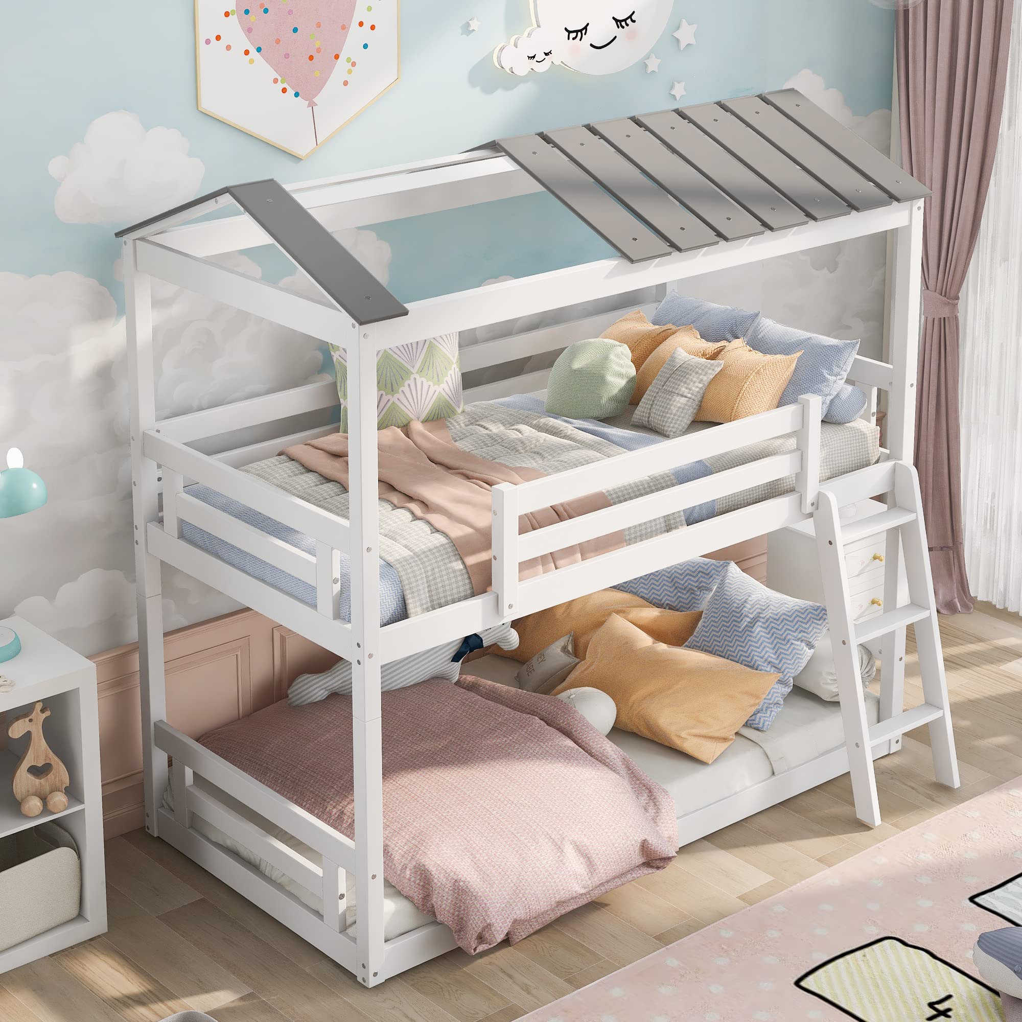 LZ LEISURE ZONE Twin Over Twin Bunk Bed - Solid Wood House Style Bed Frame with Convertible Ladder, Safety Roof & Guardrail - Space Saving Kids Bedroom Furniture (White & Grey) | Perfect for Small Rooms, Shared Kids Bedrooms & Vacation Homes
