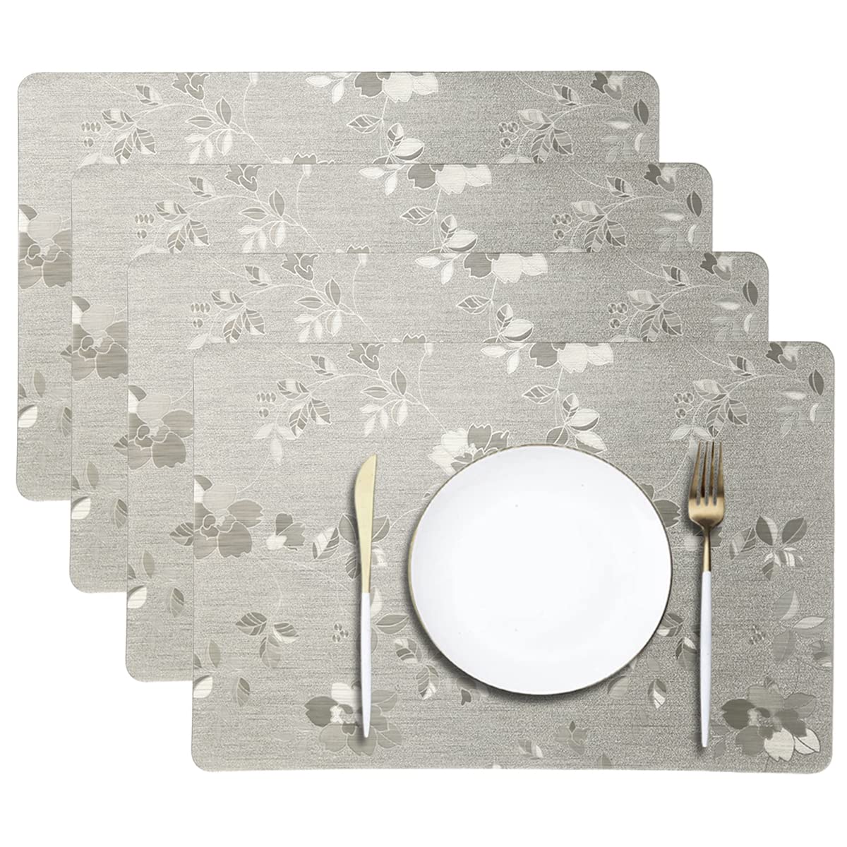 DUOFIRE Washable Vinyl Placemats Set of 4 - Non-Slip PVC Table Mats for Dining, Easy to Clean & Durable - Floral Light Gold Design - Perfect for Holidays, Dinner Parties & Everyday Use