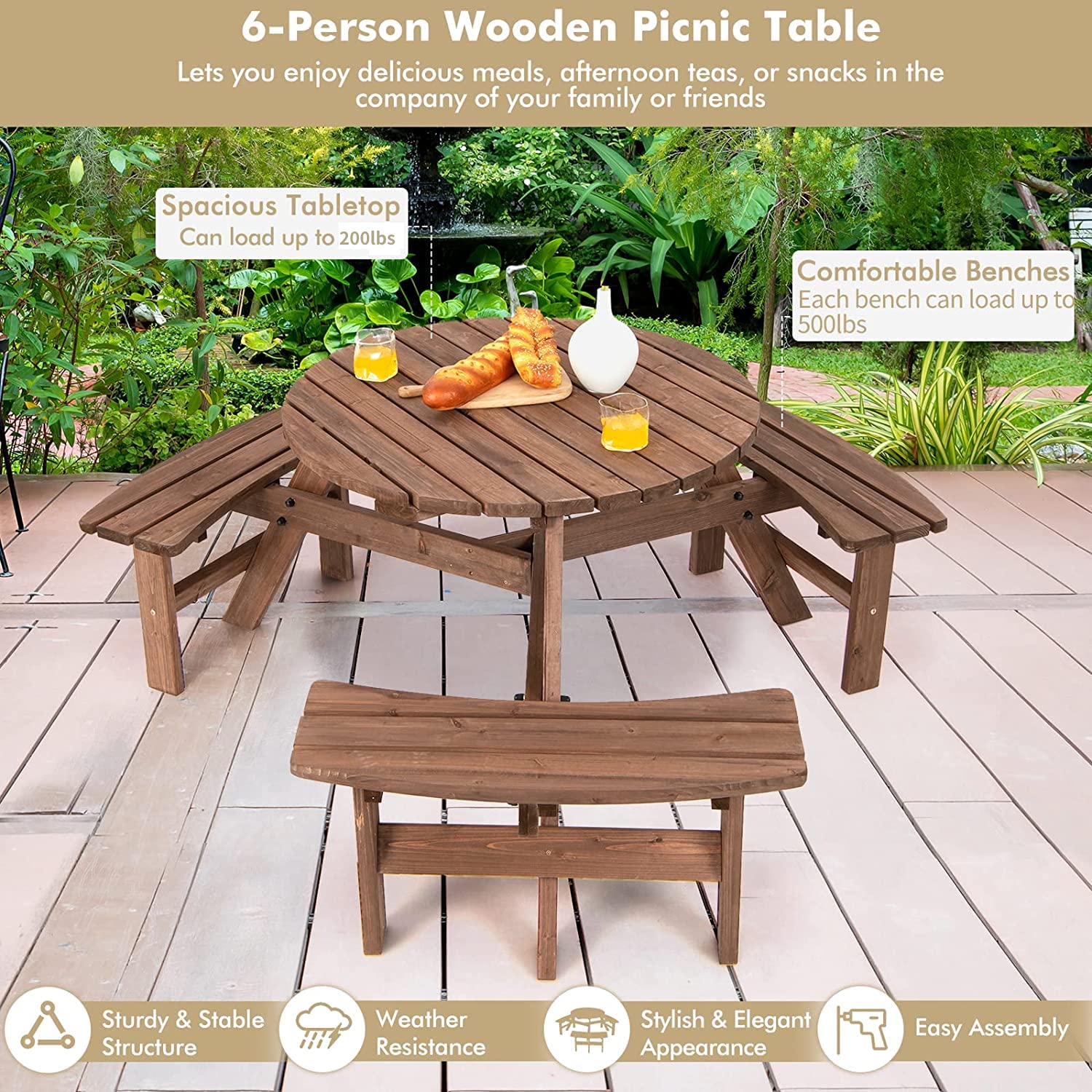 Tangkula 6-Person Outdoor Wooden Picnic Table Set with 3 Built-in Benches & Umbrella Hole - 500lbs Capacity per Bench - Perfect for Garden, Backyard, Patio, Park, and Camping