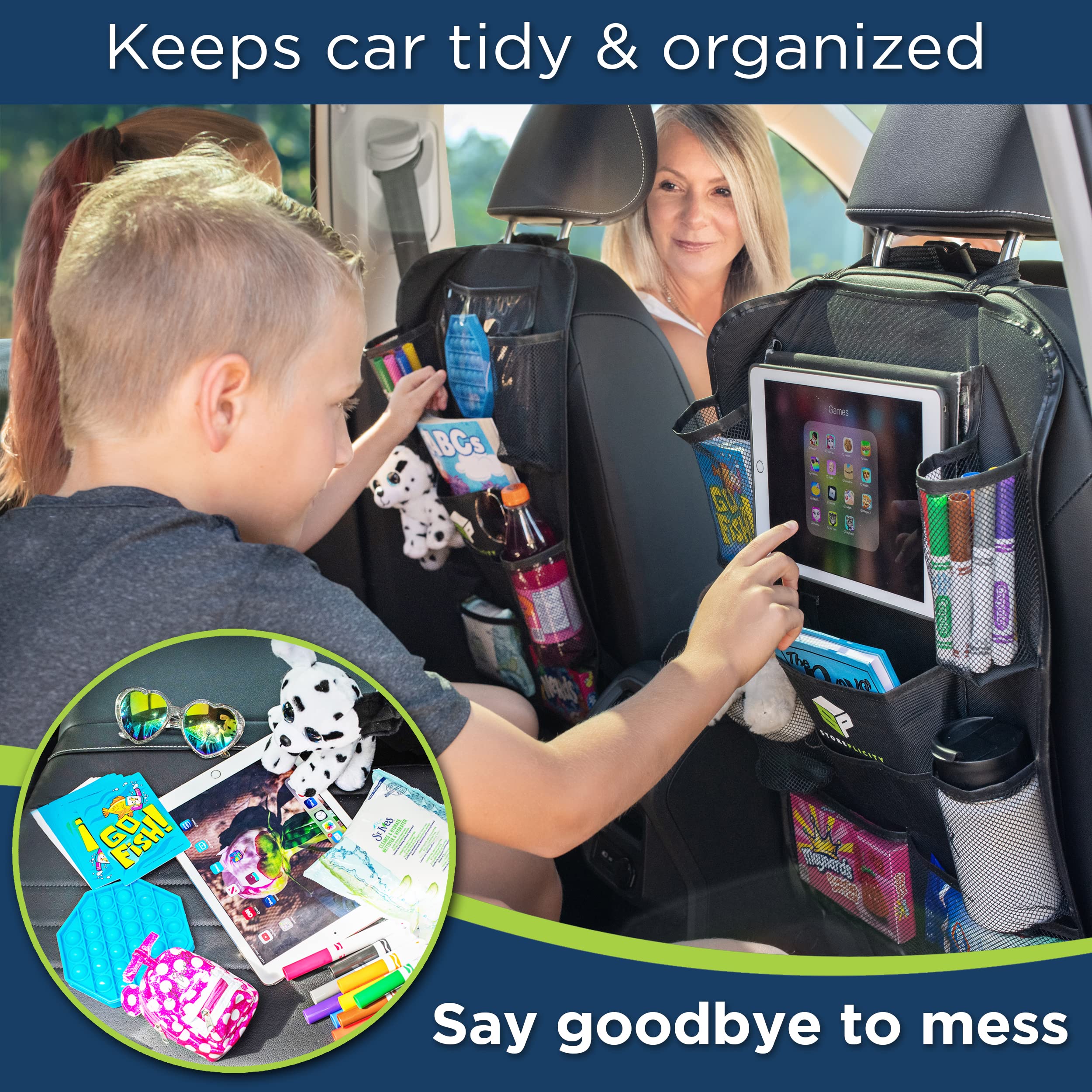 Storeplicity Universal Car Backseat Organizer Set - 2 Pack Multifunctional Seat Organizers with 13 Pockets (24x16in Back & 14.5x5in Side) - Perfect for Kids Toys, Snacks & Road Trips - Ideal for SUVs, Minivans & Family Vehicles